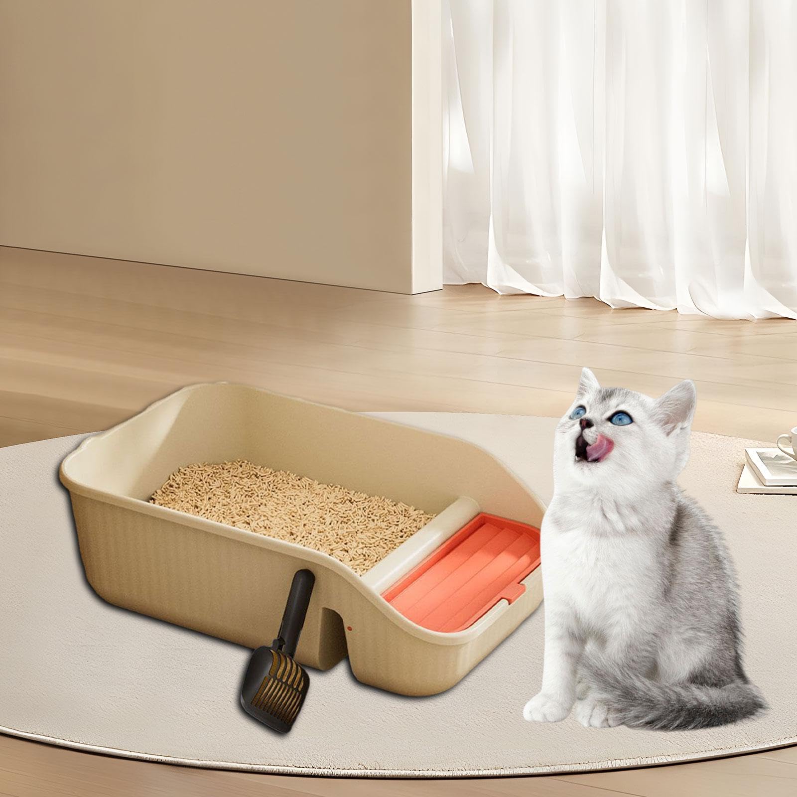 ????? Cat Litter Box for Indoor Cats with Scooper Bedpan Large Semi Closed Anti Splashing Open Top High Sides for Rabbits Kitten, Beige