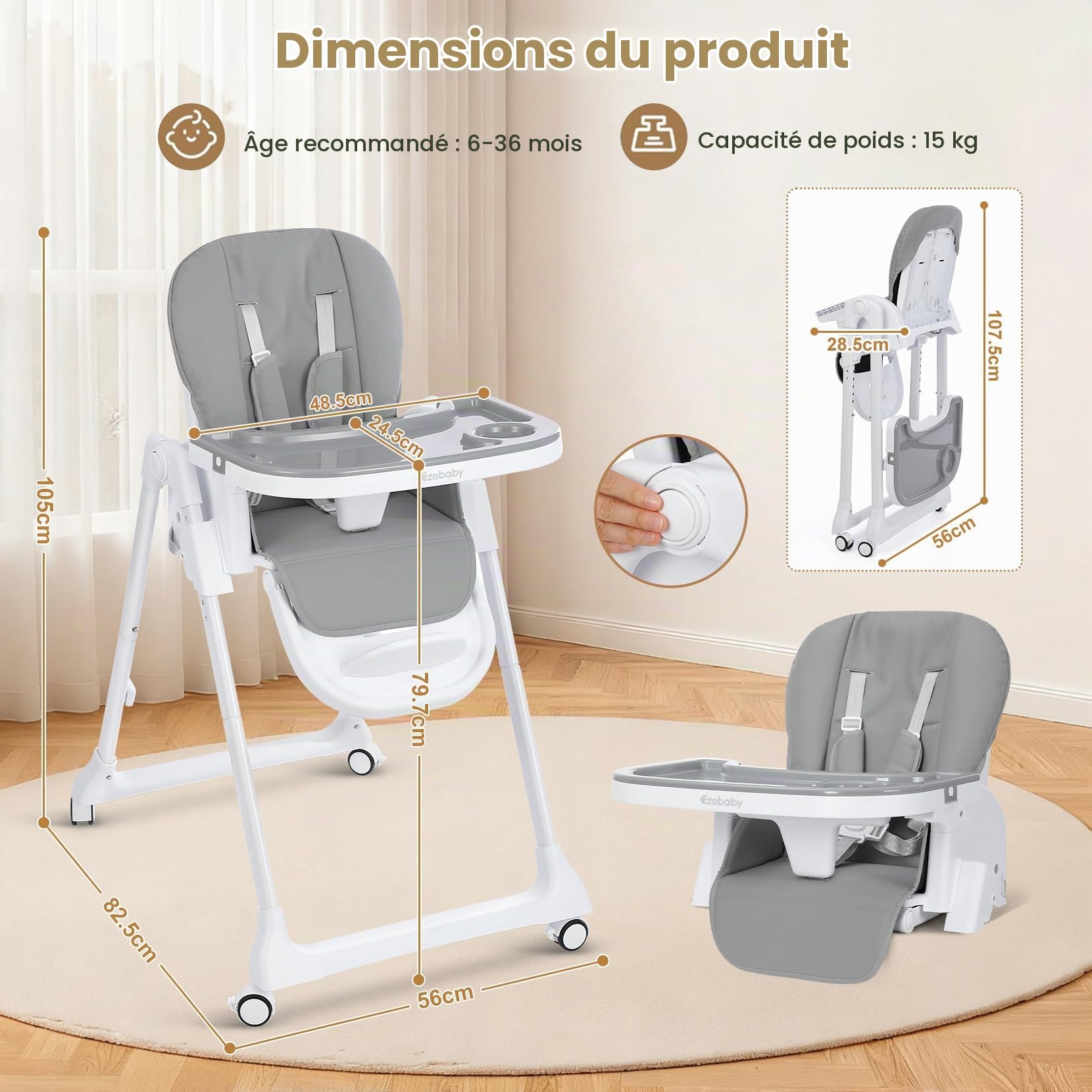 Chaise Haute Bébé 4 en 1 Pliable, Réglable avec Arche de Jeux | 7 hauteurs, arche de jeux, fonction rehausseur, double plateau, siège PU, pliable