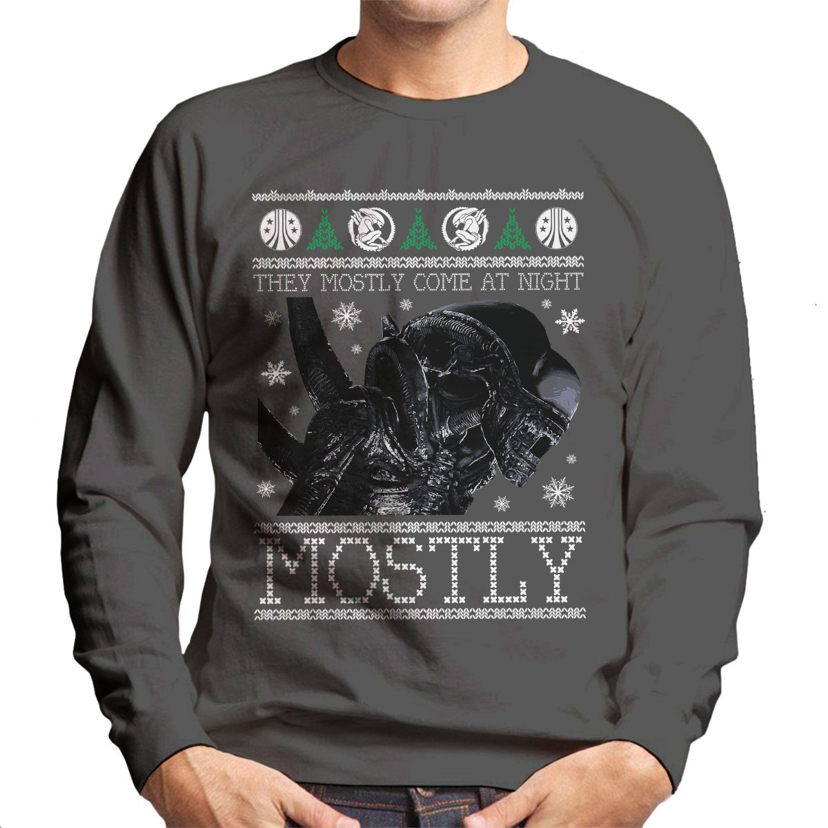 Cloud City 7 Men's Charcoal Xenomorph Aliens Christmas Knit Sweatshirt