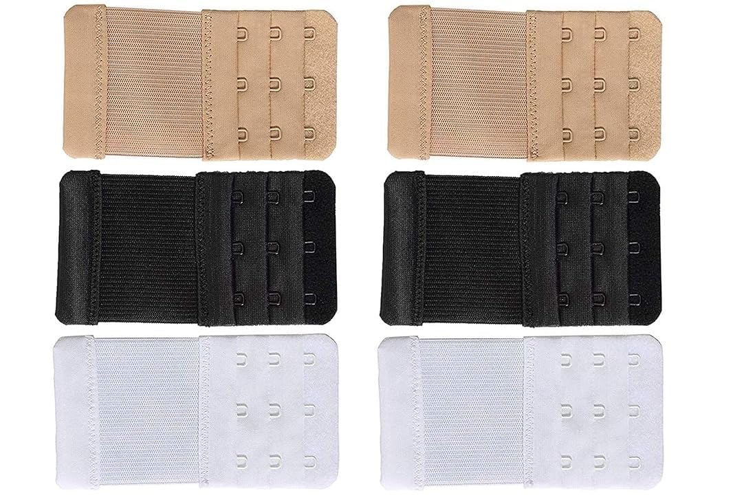 6 Pieces Women's Bra Extenders 3 Hook Comfortable Stretchy Bra Extension Strap (Black, White, Skin)