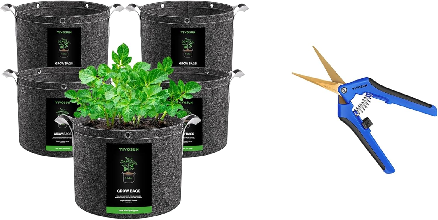 VIVOSUN 20-Pack 5 Gallon Grow Bags and Curved Gardening Scissors 6.5 Inch Hand Pruner Shear with Titanium Coated Blades 1-Pack