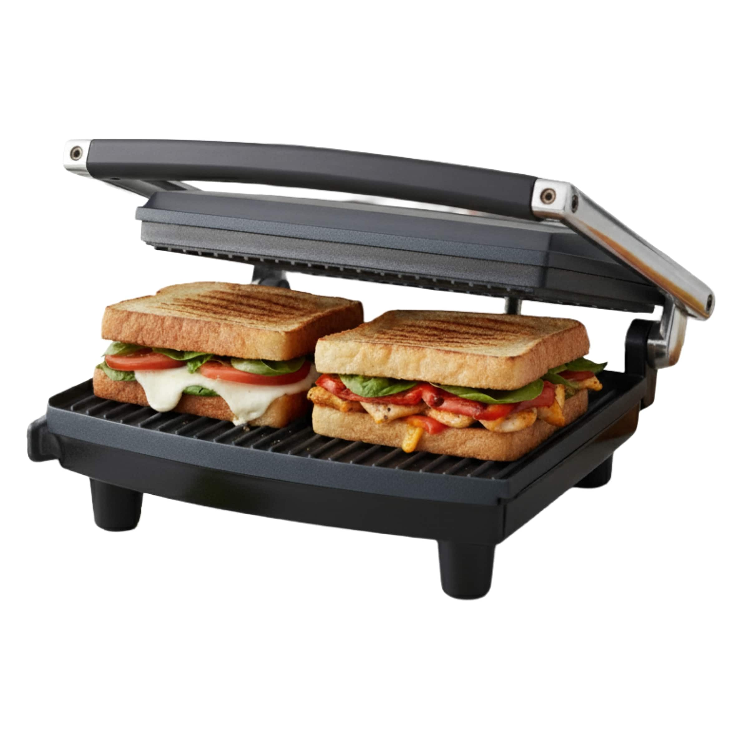 Panini Press Gourmet Grilled Cheese and Sandwich Maker - Electric Indoor Grill with Drip Tray for Healthy Cooking Options (Silver)