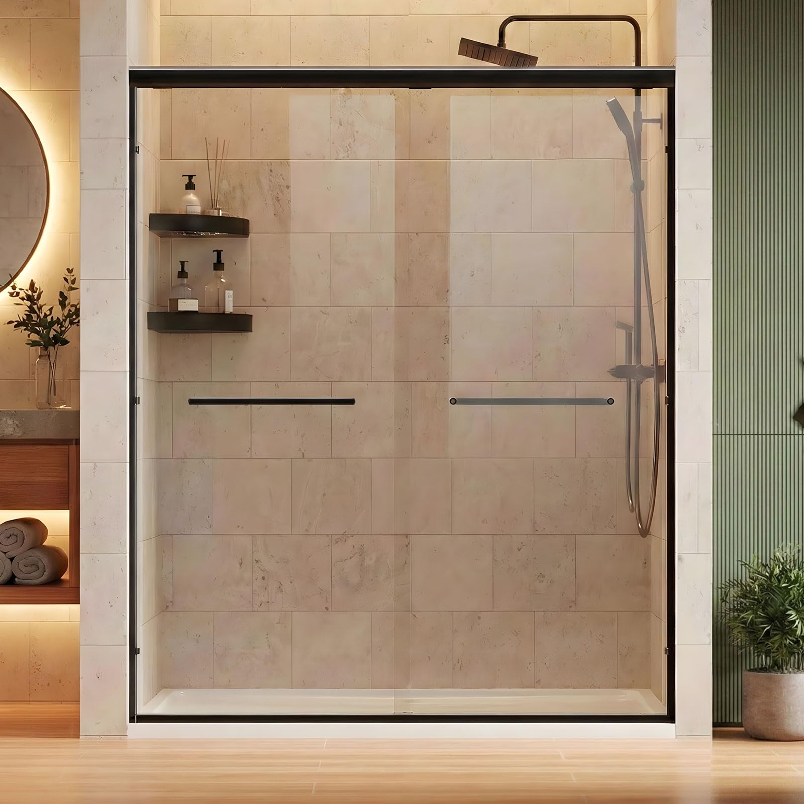 Shower Door 56-60" W x 72" H Semi-Frameless Double Sliding Bathroom Glass Shower Doors for Walk-in Shower with 1/4 inch Clear Tempered Glass, Matte Black