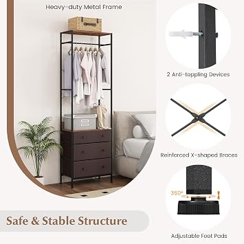 CASART Freestanding Closet Organizer, Open Wardrobe Coat Stand with 3-position Hanging Rod, Storage Shelves & 3 Fabric Drawers, Heavy-duty Clothes Rails for Entryway Bedroom Cloakroom (Brown)