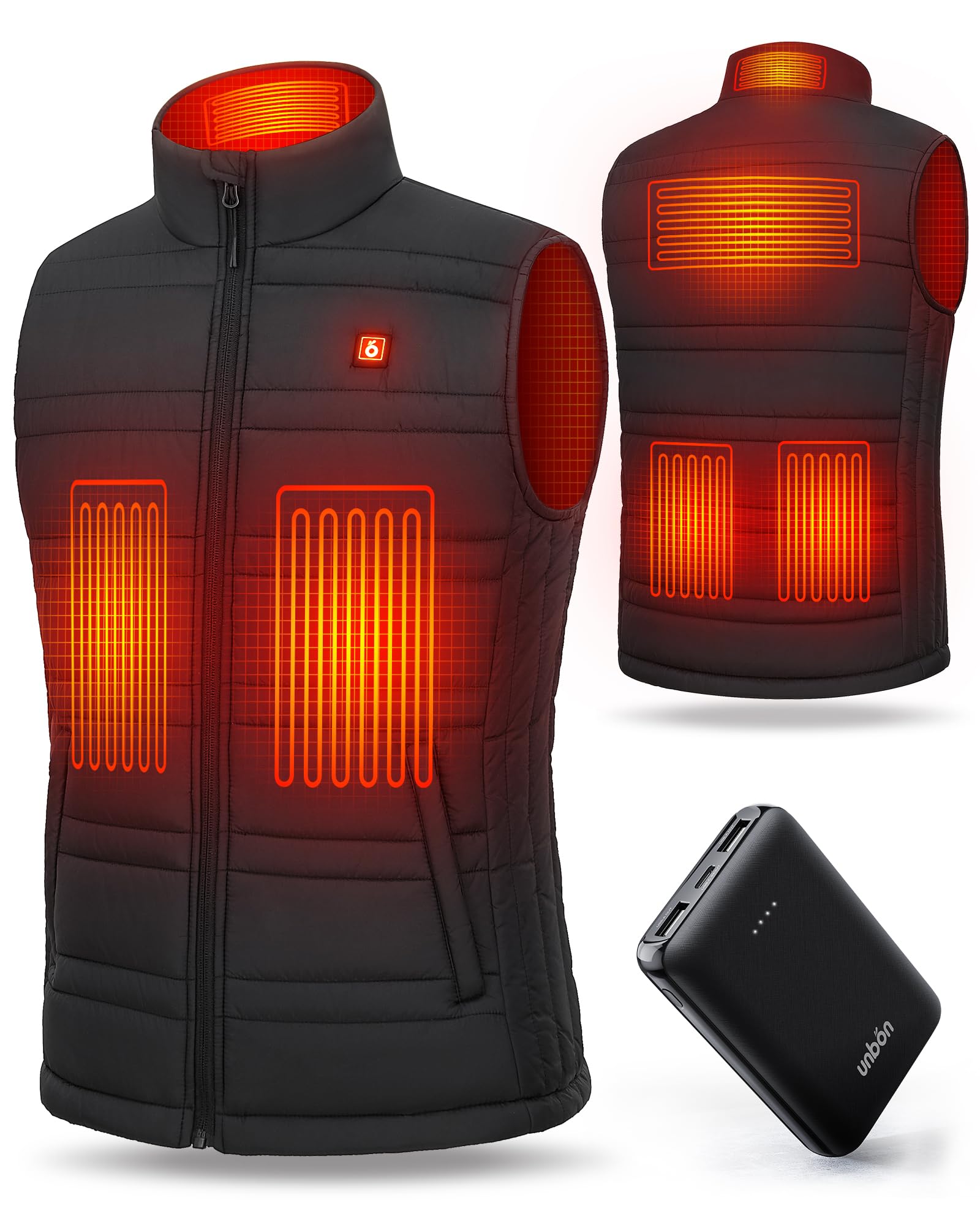 UNBON Gilet Riscaldato Uomo con Batteria USB 10000mAh, Giubbotto Riscaldato Uomo con 3 Temperature 6 Zone di Riscaldamento, Giacca Riscaldata Uomo Gilet Riscaldante Elettrico per Moto Caccia