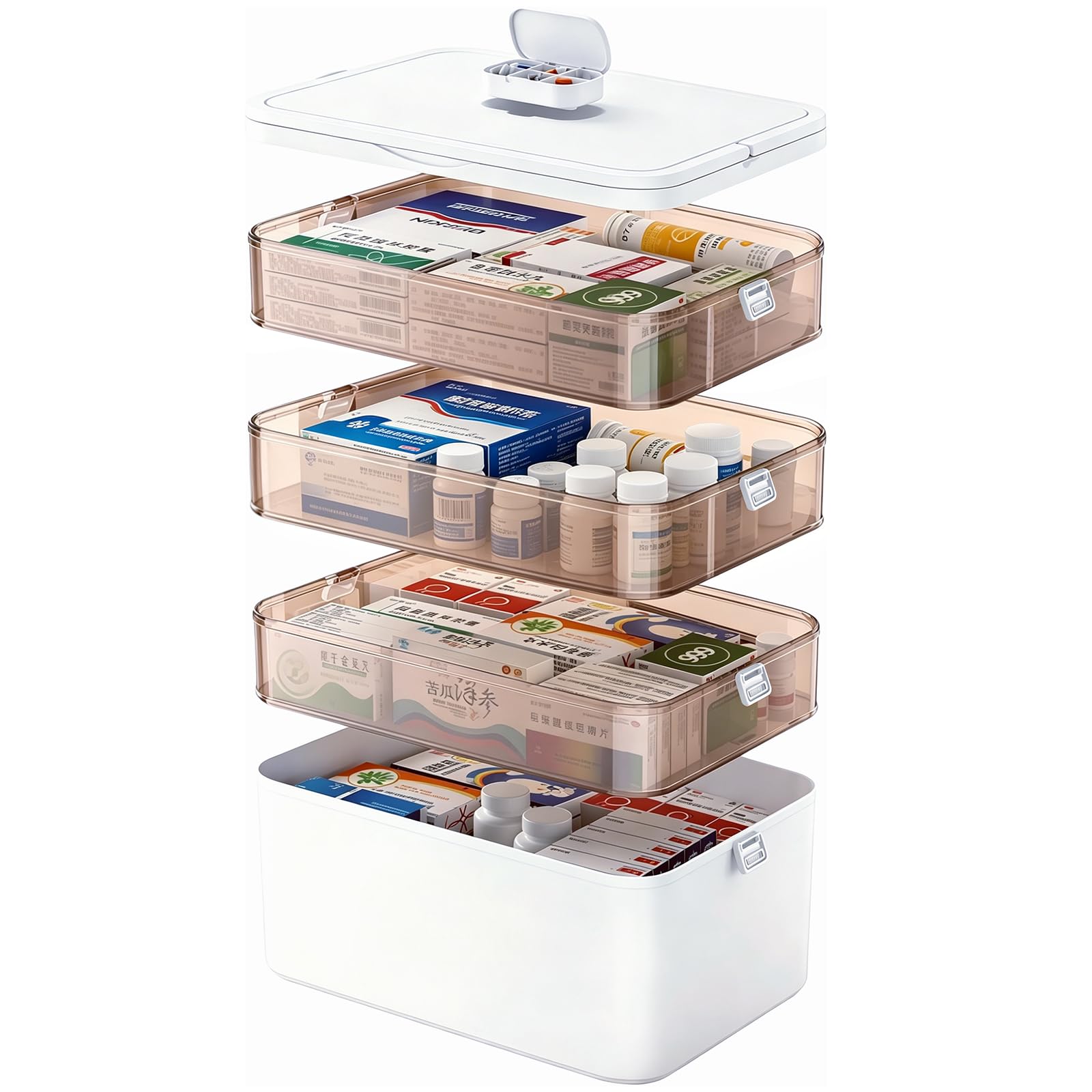 Contenitore Medicinali 4 Strati, Con Maniglia, Portapillole Viaggio | 30×16,5×24cm, 4 vani separati, Portapillole da viaggio estraibile nel coperchio, Plastica PP senza BPA
