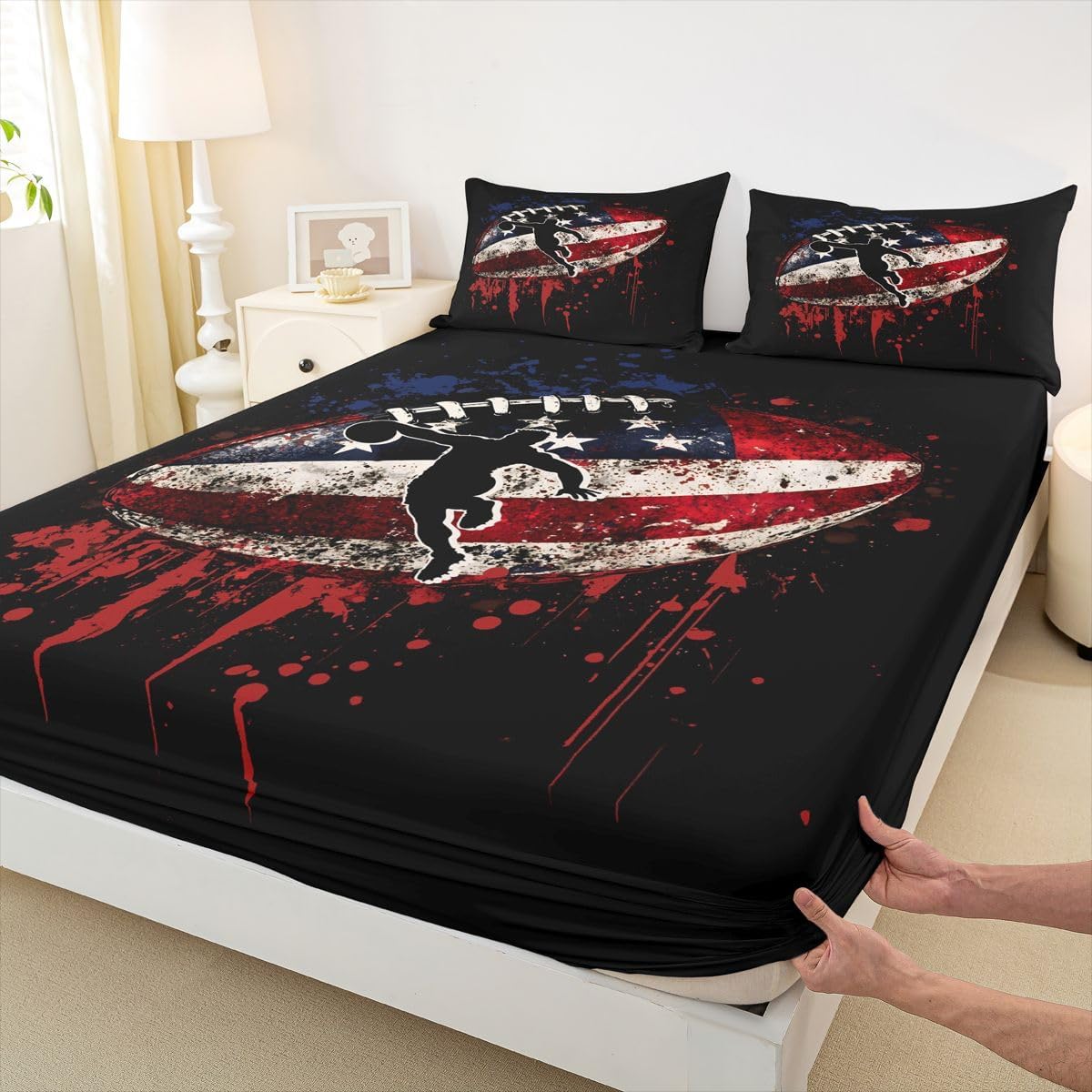 Feelyou Football Bed Sheets Set Queen Size Sports Game Bed Set for Kids Boys Girls Rugby Gaming Deep Pocket Fitted Sheet Gift for Football Lover Breathable Soft Lightweight Microfiber Black and Red image 4