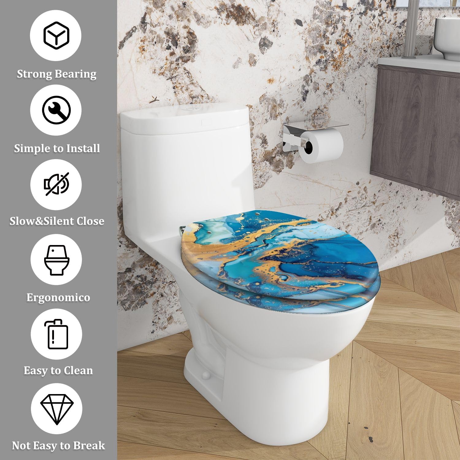Sedile WC allungato in resina con coperchio, per il bagno