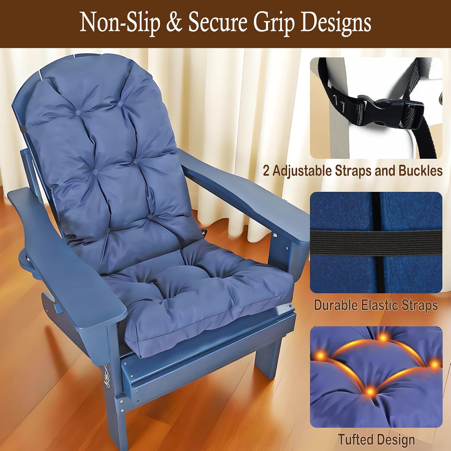 Outdoor Adirondack Chair Cushion, Waterproof Patio Rocking Chair Cushions High Back, Thickened Patio Chair pad for Indoor with Adjustable Straps,48x19x4 inches (1, Navy)