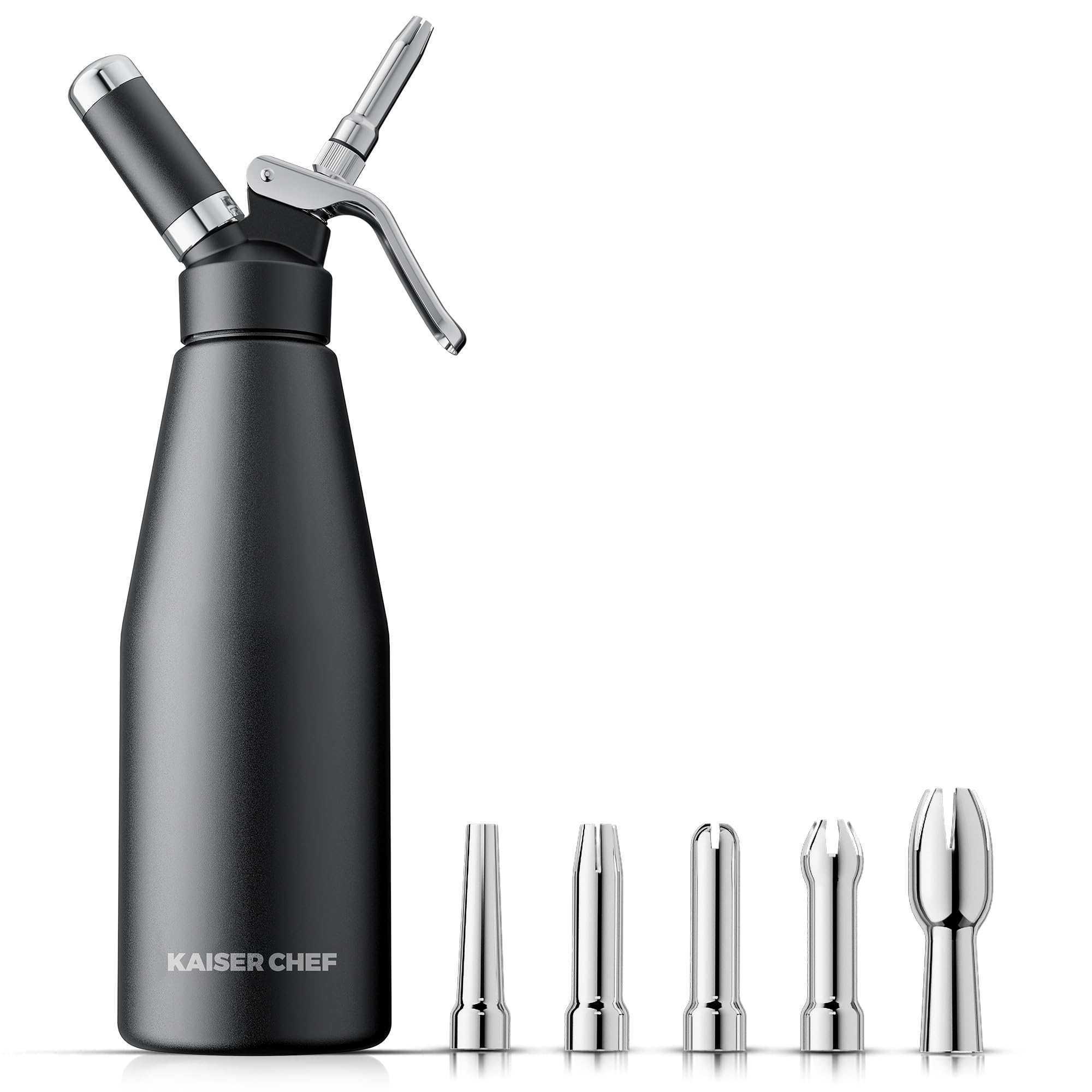 Photo 1 of Professional Aluminum Whipped Cream Dispenser - 1000 mL/2 Pint,Whipped Cream Maker Canister with 5 Decorating Nozzles & Cleaning Brush - for Desserts, Coffee Foam & Cold Foam (Black, 1000ml)
