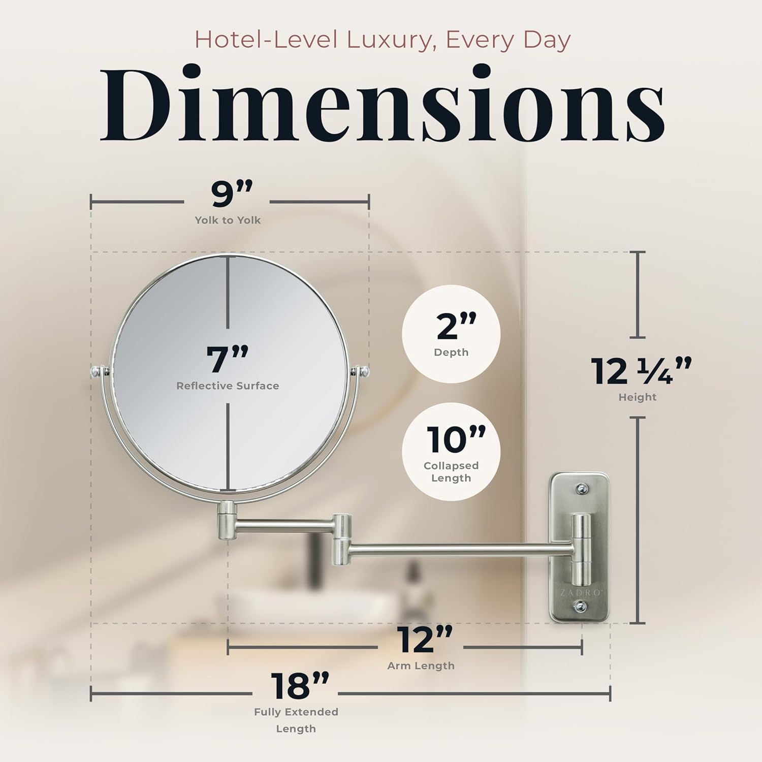 Diagram showing the dimensions of the Zadro wall mounted mirror