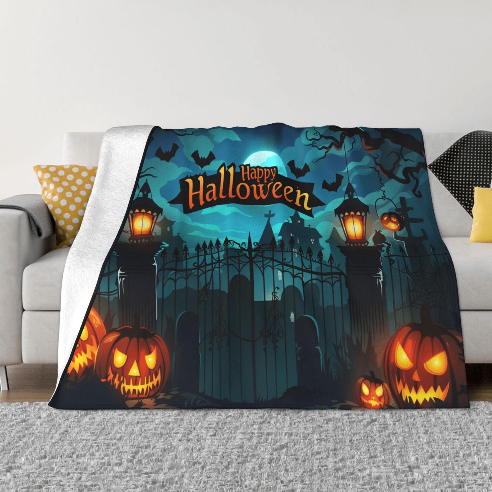 Couverture thème Halloween citrouille et lune Mexpekil, le cadeau cocooning parfait