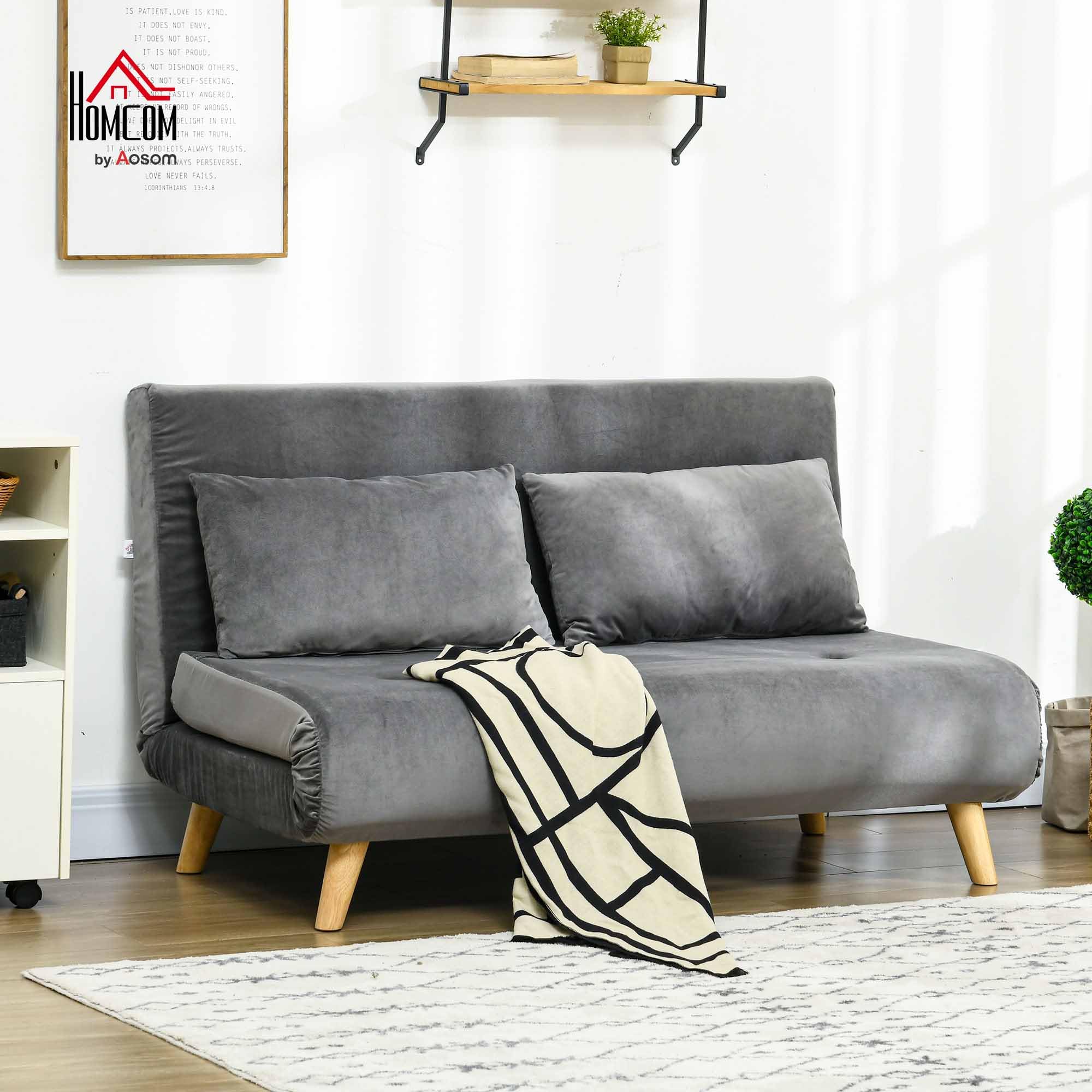 HOMCOM Sofa do spania 2-osobowa z funkcją łóżka, składana sofa z regulowanym oparciem, poduszka, sofa do spania o aksamitnym wyglądzie do salonu, szara, 130 x 78 x 79 cm
