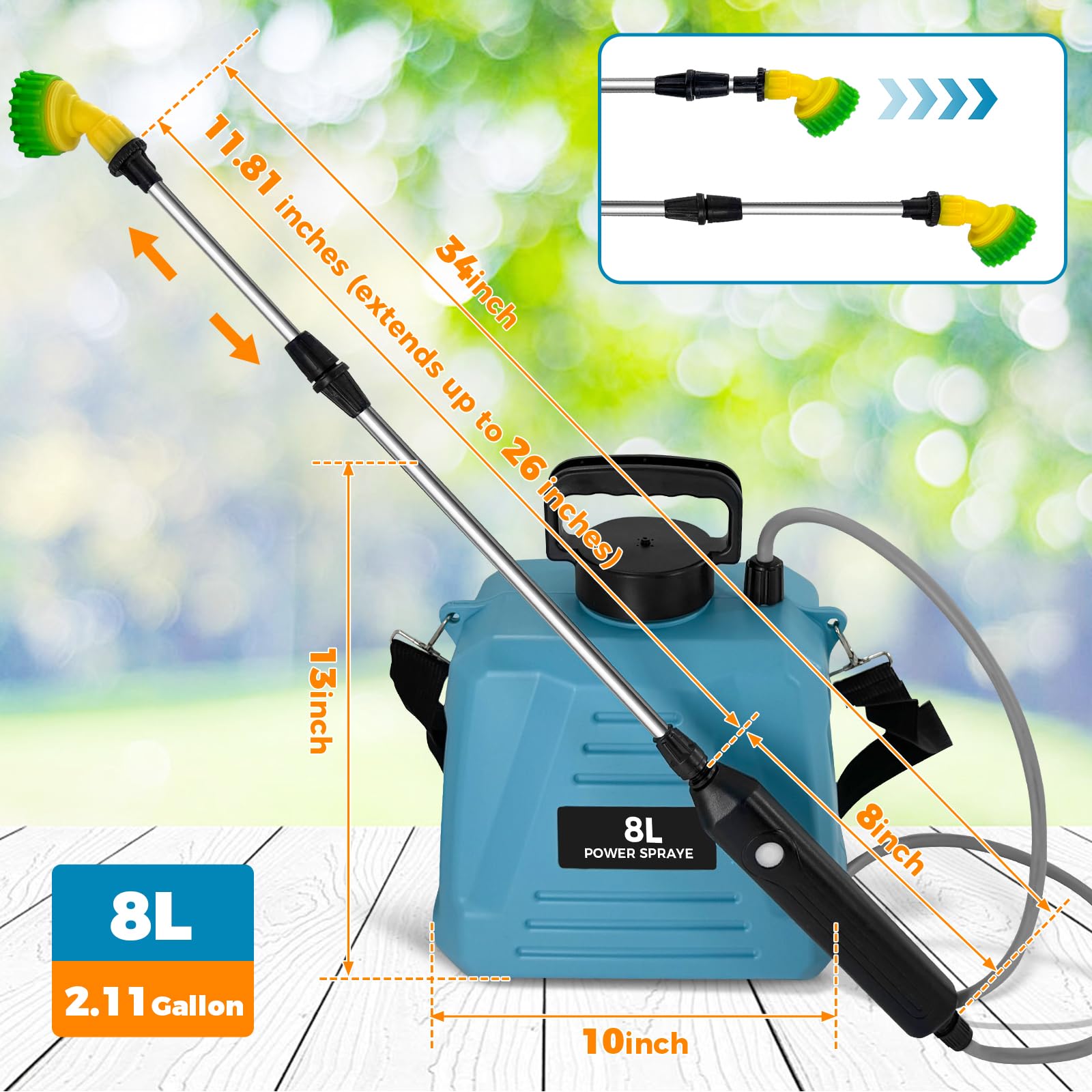 Pulvérisateur Électrique 8L Pulvérisateur de Jardin Pulvérisateur à Pression 8L avec 3 Buses Réglables pour Jardin Serre Arrosage Désherbage Pulvérisation d’herbicides et insecticides