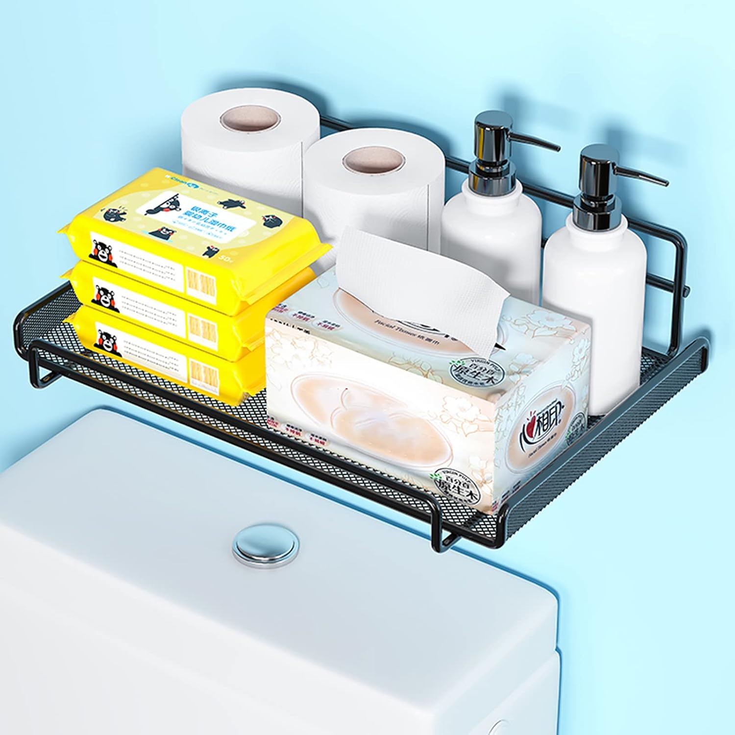 Black Bathroom Over The Toilet Storage Rack, Metal Bathroom Organizer with High Guardrail Well Protect Items from Falling Off, No Drilling Space Saver Bathroom Organizer (Size : Medium) ( )