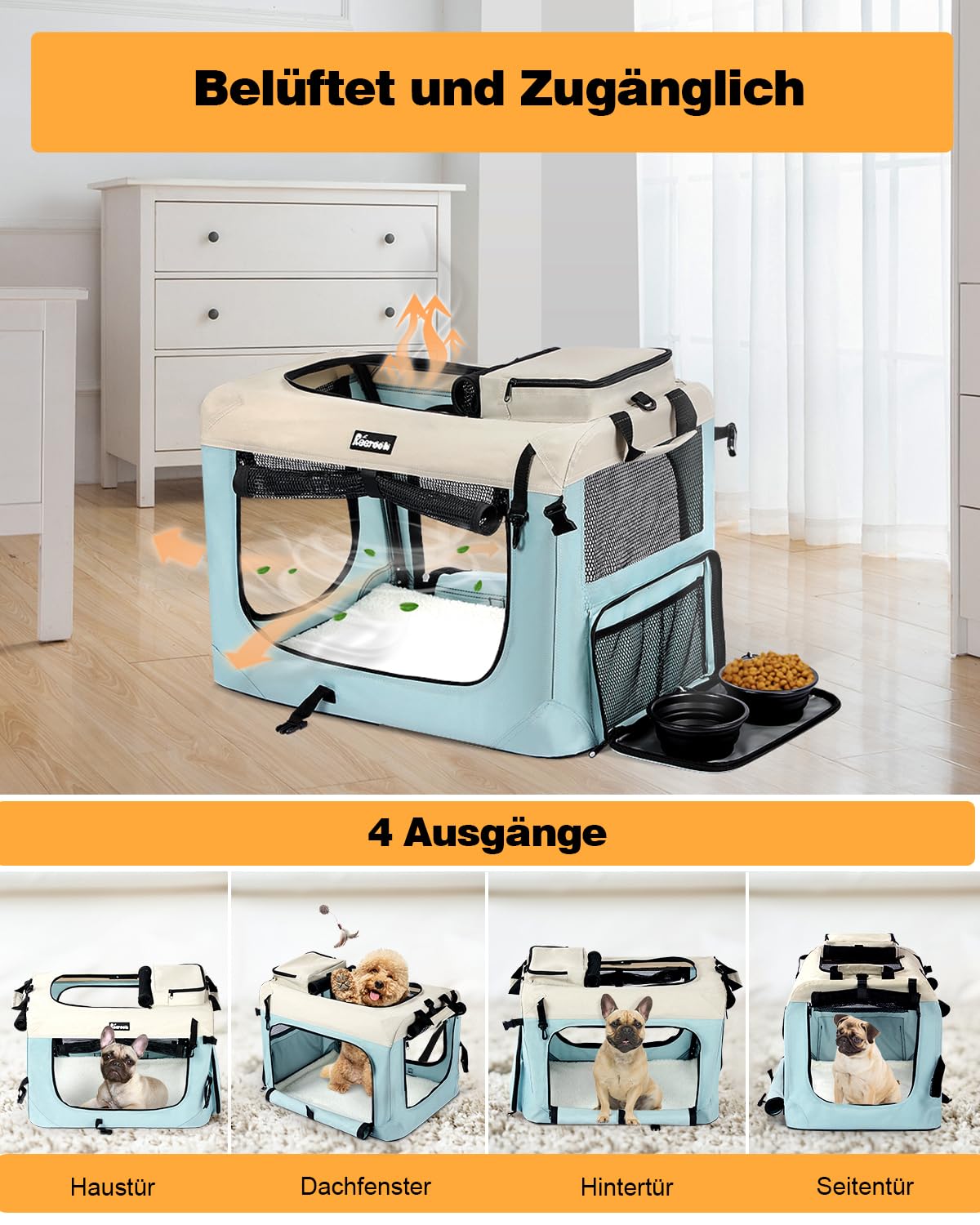Hundebox M 60x42x42cm, Faltbar Hundetransportbox Inkl.Hundenapf, Tragbare Hundetasche für Reisen, Hunde und Katzen Auto Haustiertransportbox(M, Blau)
