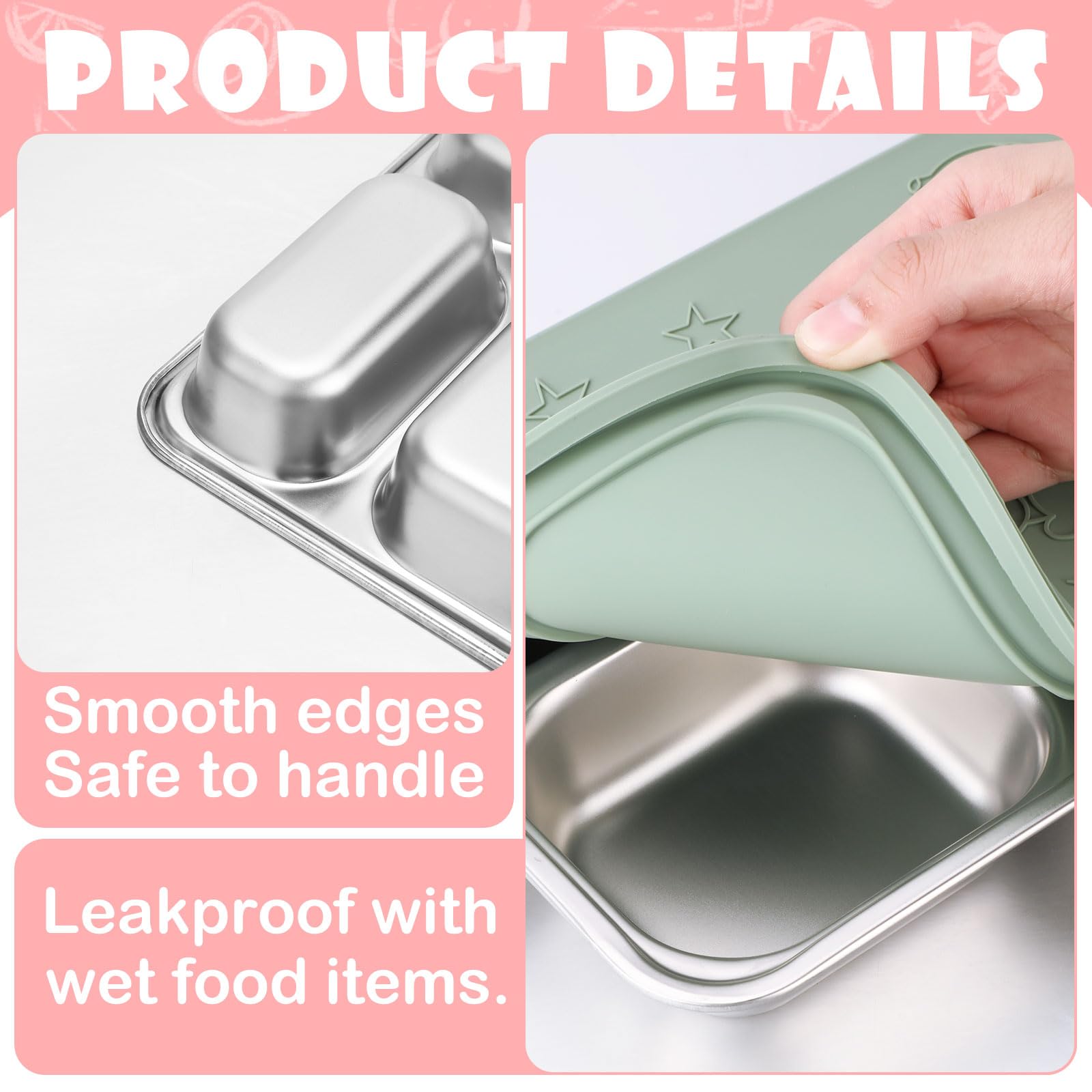 Tioncy 3 Pcs Leakproof Stainless Steel Bento Box, Divided Lunch Containers with Silicone Lid for Kids Adults, Dishwasher Freezer Safe Food Storage Containers for School Work Office