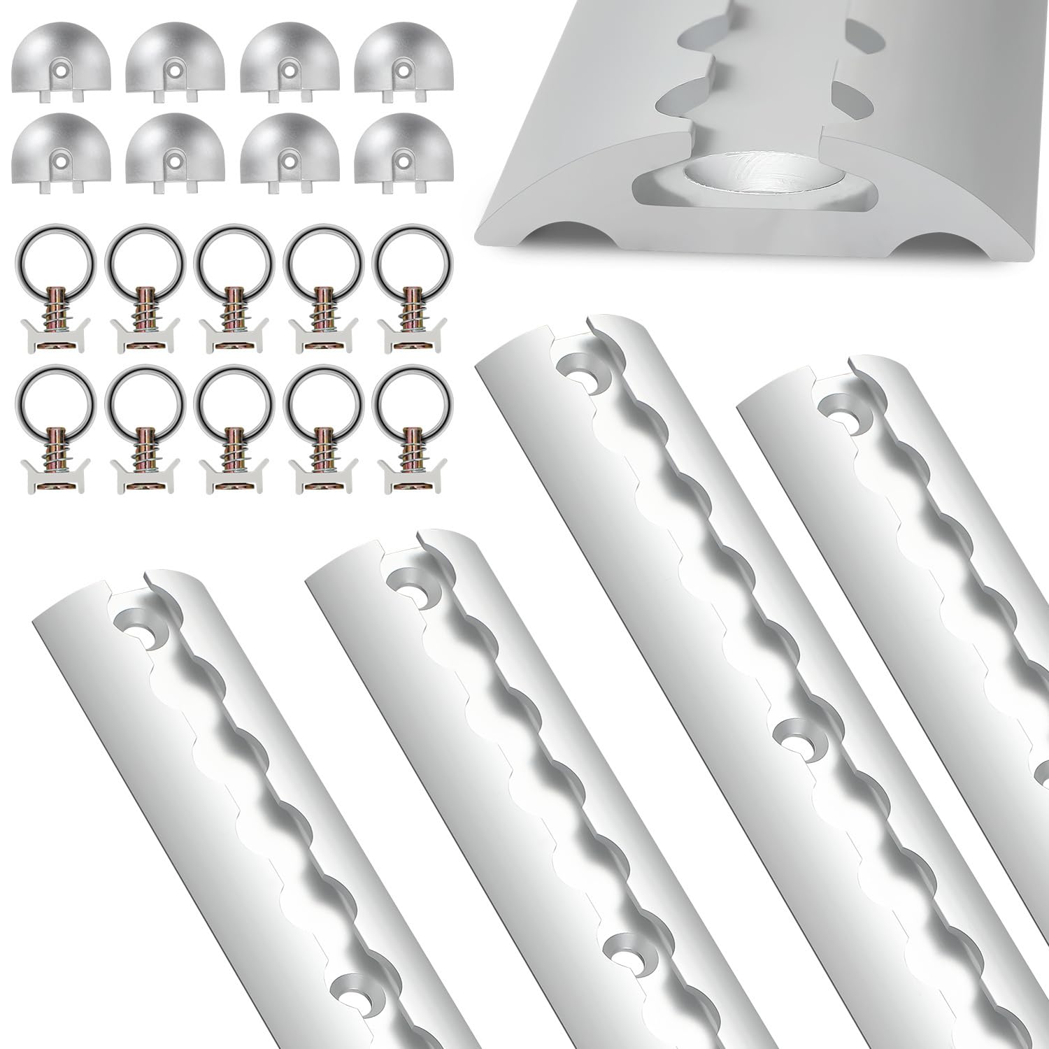 4 x 1 m de rail d'arrimage, forme demi-circulaire en aluminium, rail d'arrimage éloxé avec trous, rail d'arrimage avec 10 œillets et 8 embouts, système de fixation de charge pour camions et