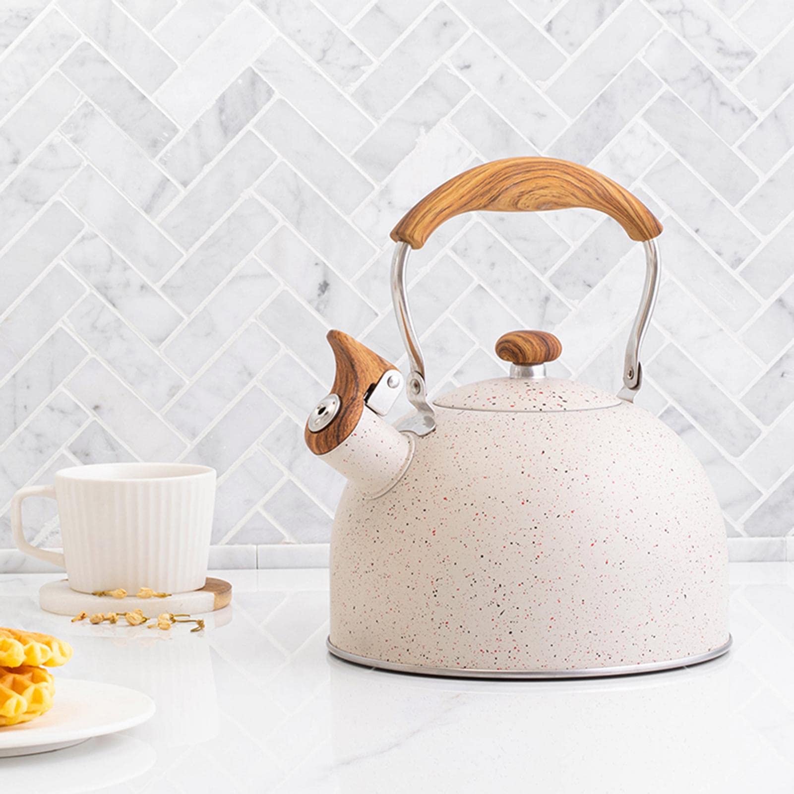 Bollitore a fischio da 2,5 l, bollitore per tè con venature del legno e manico anti-scottatura, in acciaio inox, per fornelli a induzione a gas, elegante teiera per acqua bollente