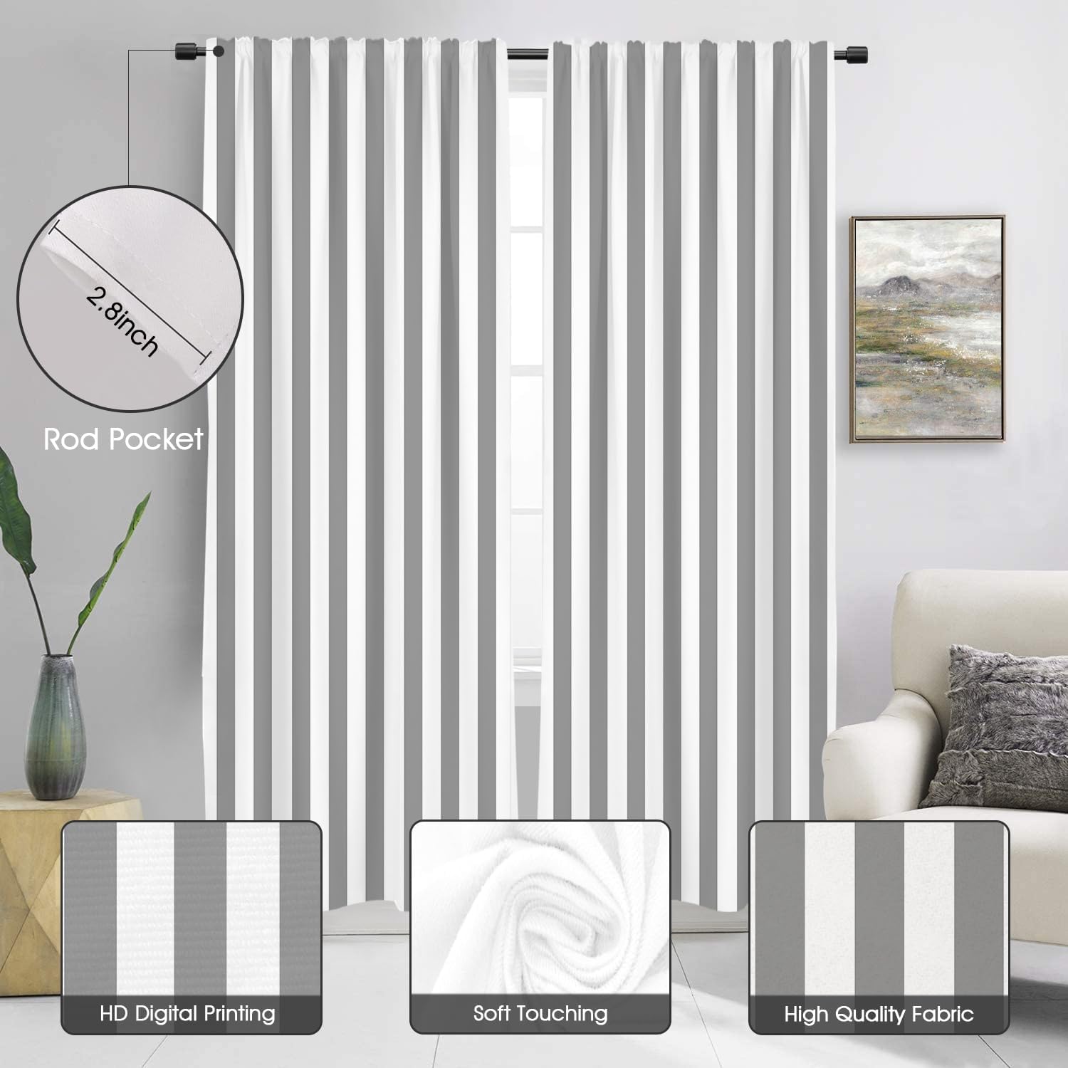zokyer Striped beige and Gray Window Curtain Long Grey Boho Farmhouse Nursery Neutral Modern Simple Art Maximalist Mens Boys Cute Teen for Bedroom Living Room 2 Panels Rod Pocket Drapes