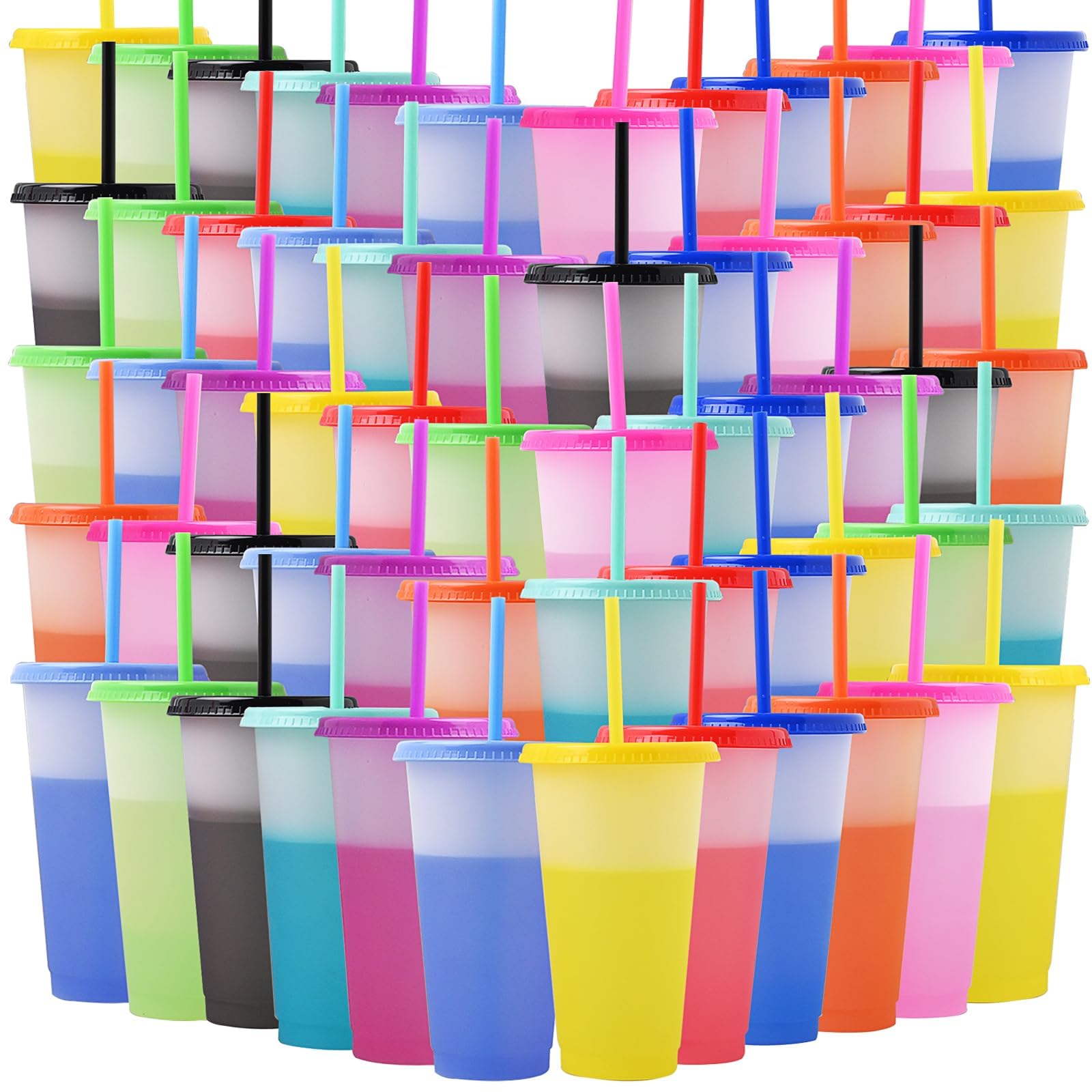 Wiederverwendbare Kunststoffbecher, 680 ml, Farbwechselbecher mit Deckel und Strohhalmen, Trinkwasserbecher, Reisebecher, Becher für Eisgetränke, Wasser, Smoothie, Kaffee, Party, 60 Stück