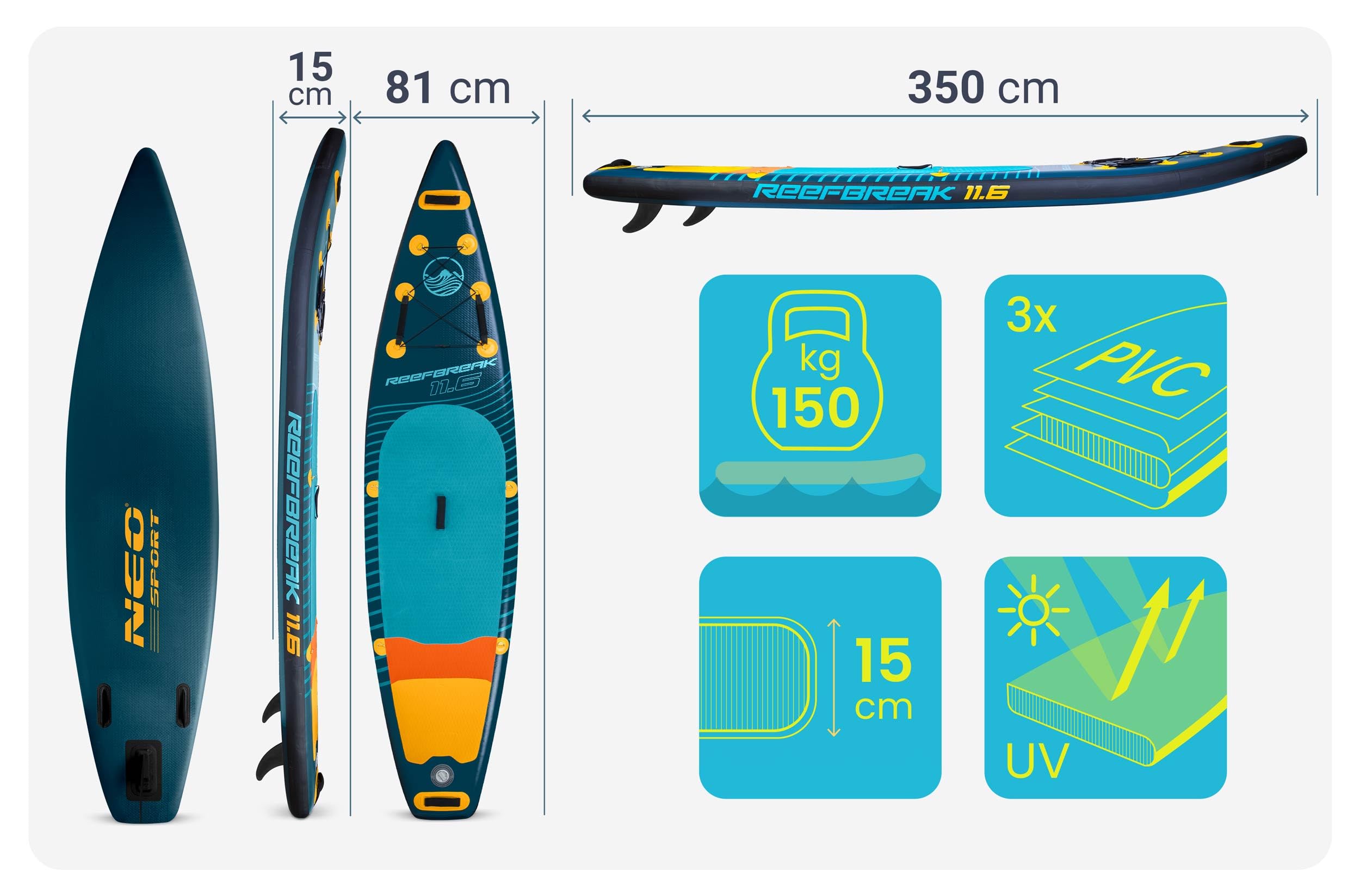 Neo-Sport Stand Up Paddling Board Reefbreak 11.6 - Allround SUP Board Set für Touren und Freizeit - 350 x 81 x 15 cm - bis 150 kg - mit Paddel, Pumpe, Leash und Rucksack
