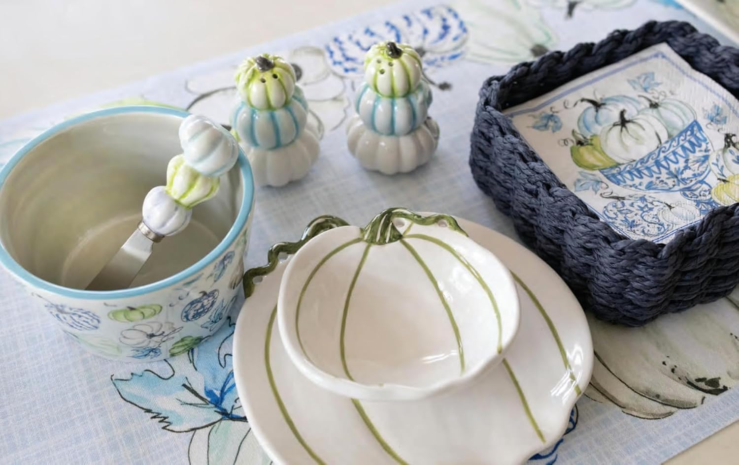 Boston International Ceramic Bowl and Spreader Fall Autumn Thanksgiving Serving Set, 14 Ounces, Chinoiserie Pumpkins