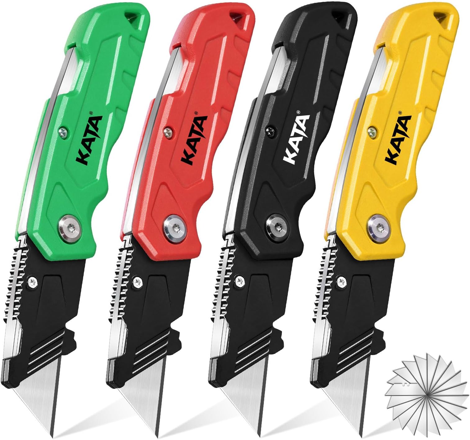 KATA Folding Utility Knife 4-Pack, Heavy Duty Box Cutter with Pocket Clip, Fixed Blade Safety Knife, Quick-Change Razor, Includes 20 Extra SK5 Blades Cutting for Cardboard, Carpet, Rope & DIY