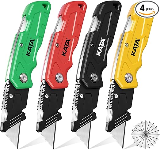KATA Folding Box Cutter Knives: 4-Pack Heavy Duty Utility Knife Pocket Box Cutter - Extra 20pcs Razor Blades Plastic Cardboard Opener Safey Knives - Gifts for Men Cutting Cartons, Leather, Rope