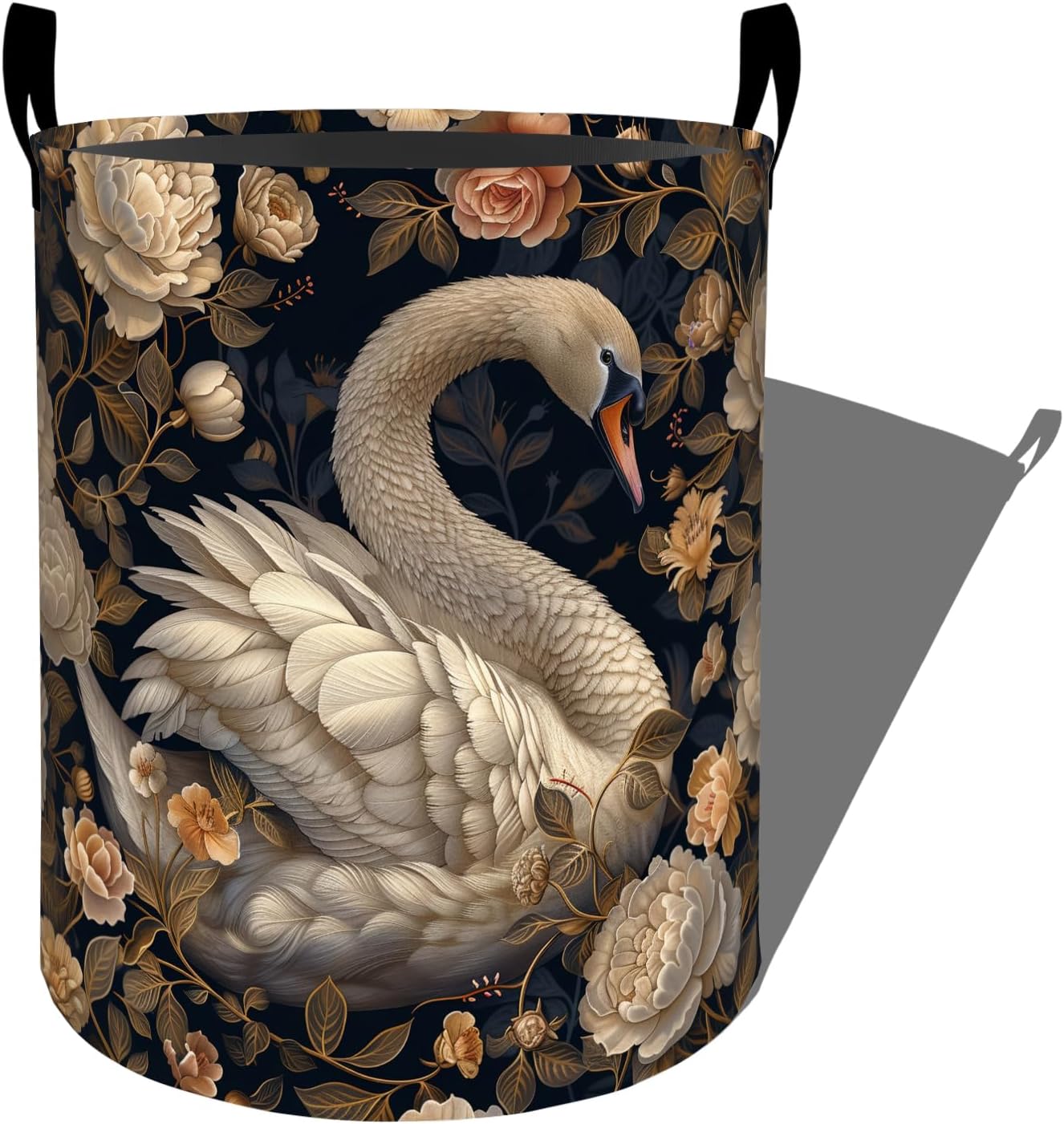 Elegant Swan with Blooming Roses Flowers Laundry Basket with Handles, 19.7"x15.7" Clothes Foldable Laundry Hamper Organizer for Dorm Nursery Bedroom Bathroom Decor, Toy Storage Bin for Kids