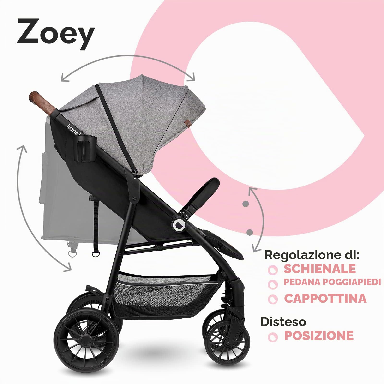 LIONELO Zoey Passeggino Leggero Pieghevole per Bambini fino a 15 kg | Schienale Reclinabile, Poggiapiedi Regolabile, Ruote in Schiuma EVA, Cappottina XXL con Protezione Solare, Zanzariera