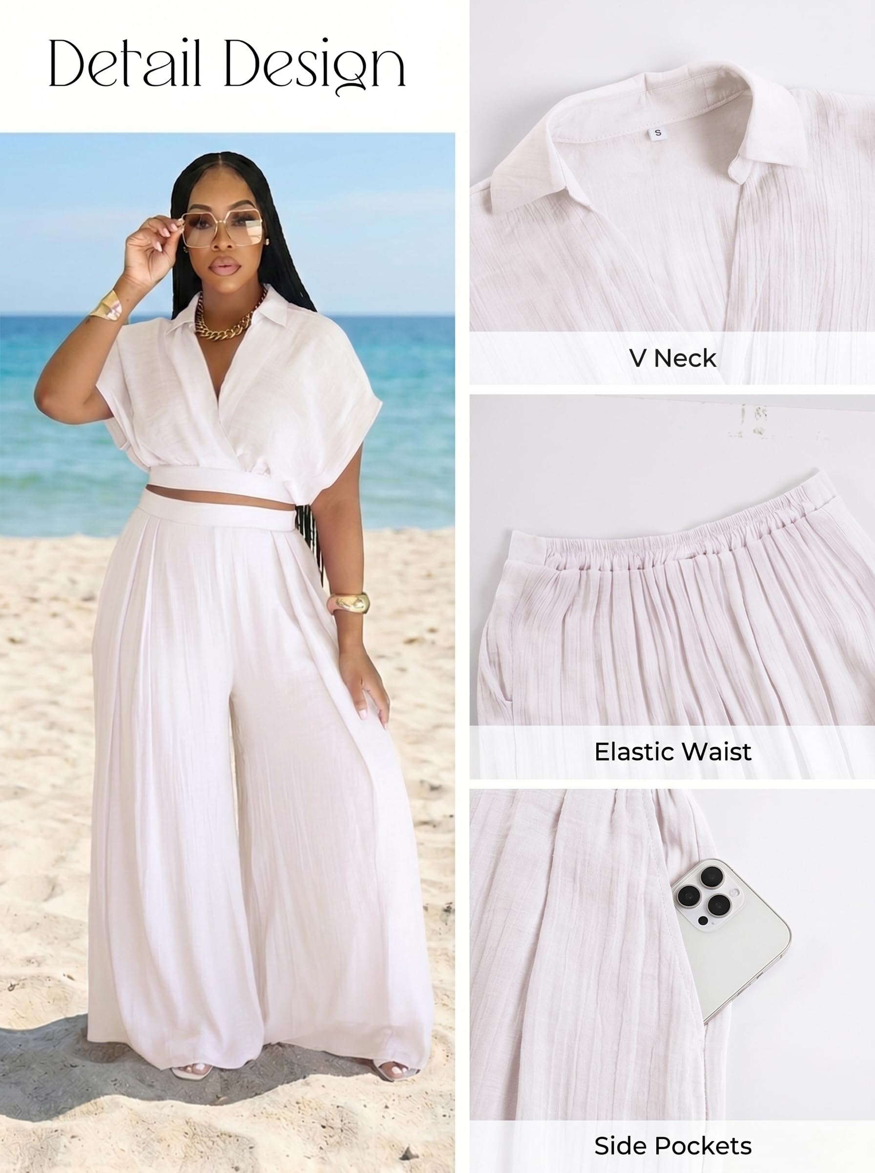 Ekaliy 2-teiliges Damen-Outfit-Set, Wickel-V-Ausschnitt, bauchfreies Top, weites Bein, Hose, Overall, lässig, passende Sets