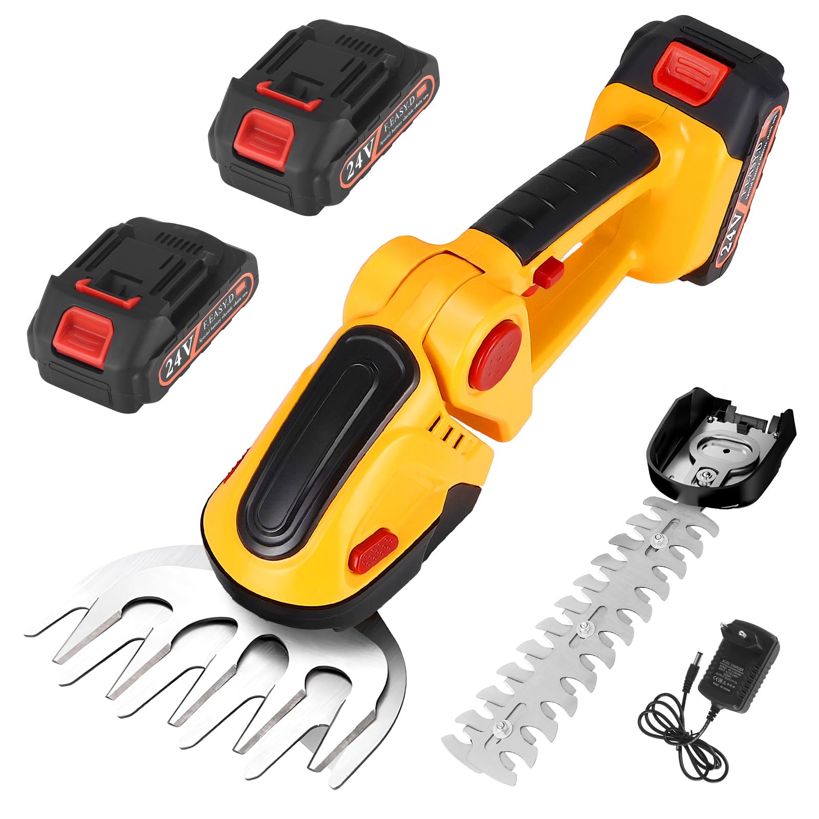 2 en 1 Taille Haie Électrique, 24V Cisaille à Gazon sur Batterie Rechargeable, 2*Batterie 1500mAh, Moteur Puissant, Poignée Une Main, Coupe Gazon & Taille Arbustes pour Jardinier Amateur