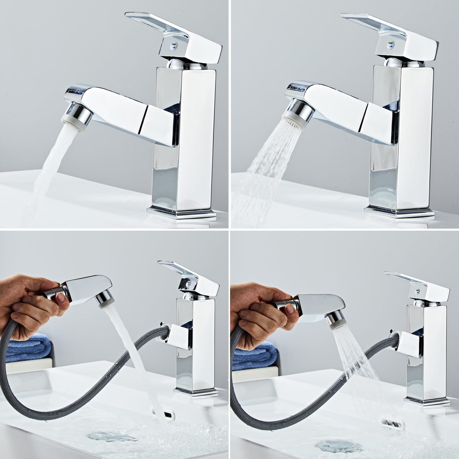 Sumeber Rubinetto da bagno con rivestimento estraibile, rubinetto per lavabo alto, con 2 tipi di getto, rubinetto, in acciaio inox, per bagno, colore nero opaco, Quadrato Argento