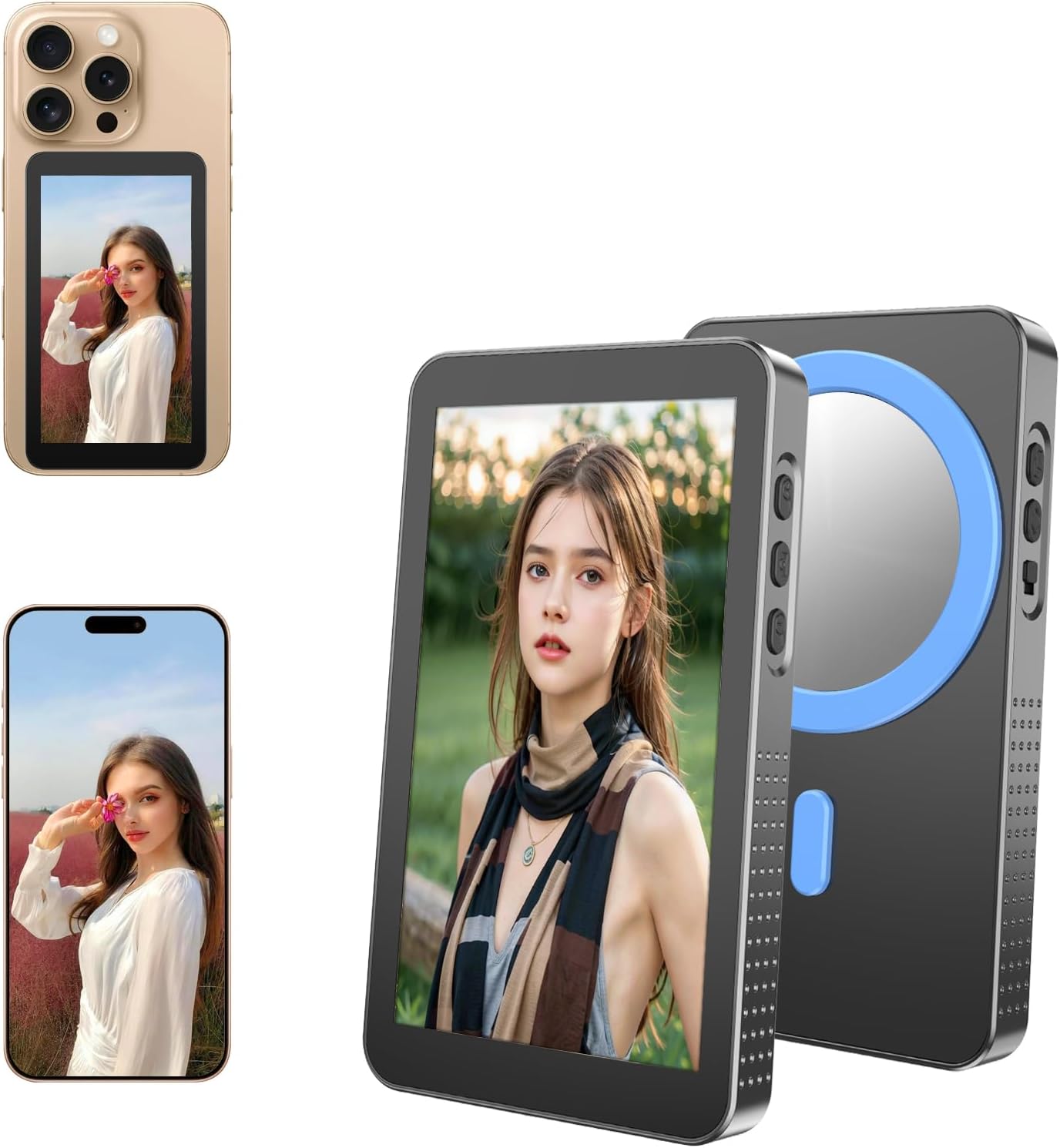 Vlog Selfie Monitor Screen, Wireless Back Camera Monitor iPhone with 2500mAh Battery & Makeup Mirror,Magnetic Mirroring Monitor Screen for Vlog Live Stream TikTok, Compatible with iPhone & Android