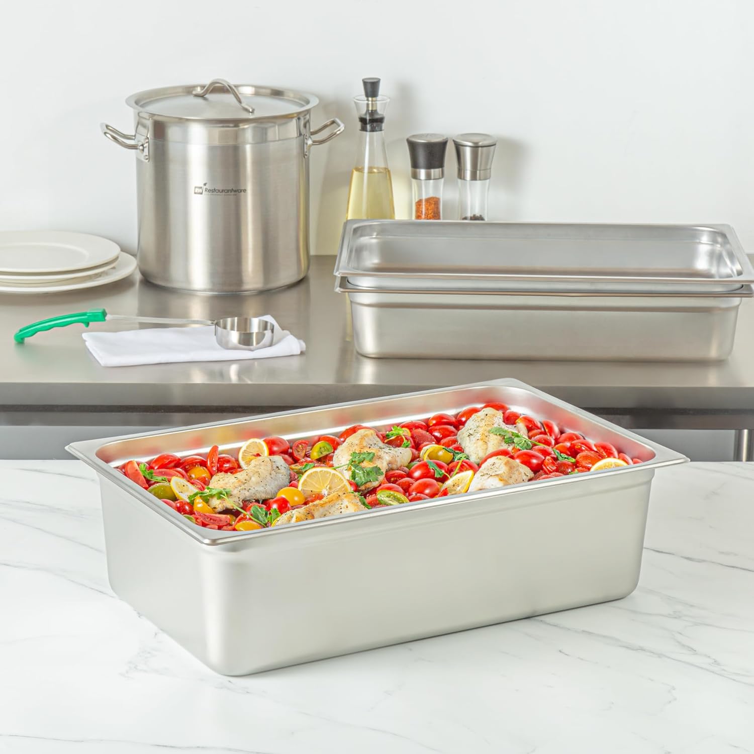 Restaurantware-Kitchen Tek Full Size Steam Table Pans, 6 Anti-Jam Steam Pans - Lids Sold Separately, 6” Deep, 24 Gauge Stainless Steel Hotel Pan, Freezable, For Catering Events And Parties