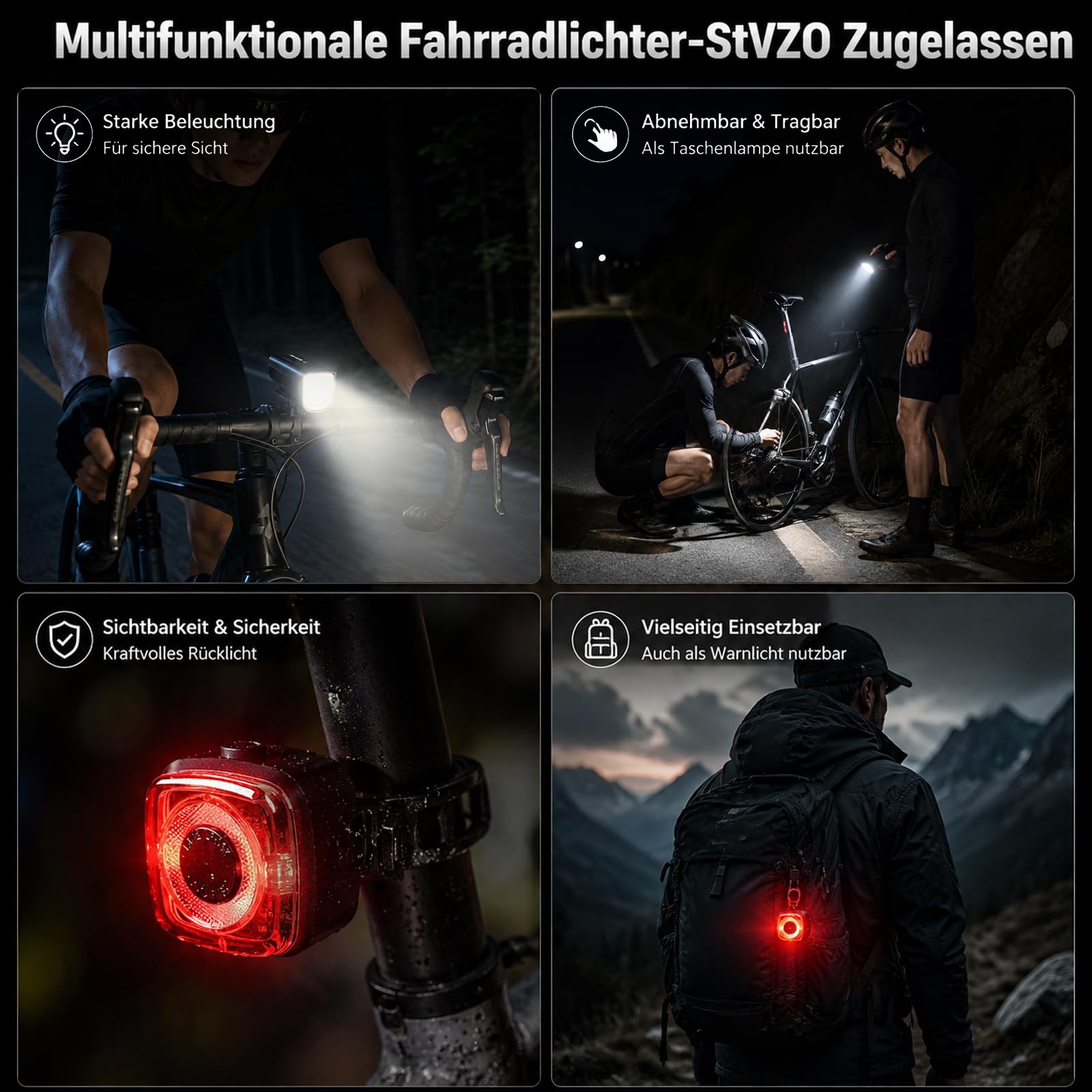 100 Lux Fahrradlampe Vorne, 4-Lichtmodi 2000mah, mit Fahrrad Rücklicht,USB C wiederaufladbar, für Erwachsene Straße, MTB Off-Road Radfahren Pendeln,StVZO Zugelassen