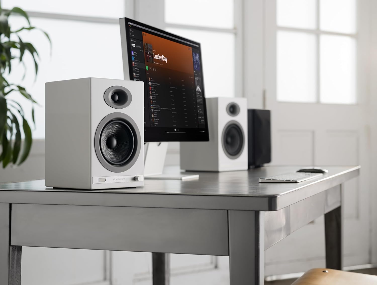 Audioengine HD5 White Bookshelf Speakers and S8 White Subwoofer Bundle for Music Gaming Movies Studios Dorms Bedrooms Offices