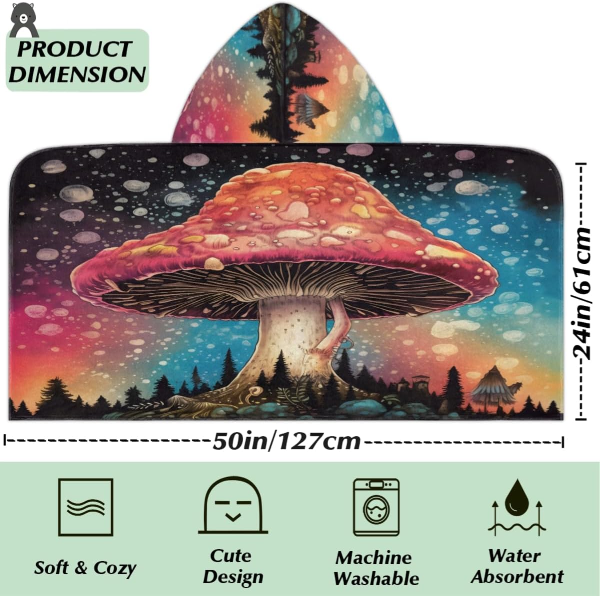 Pardick Kids Bath Towel Mushroom Tree Beach Towel with Hood Pool Cover Up for Girls Boys Soft Absorbent Hooded Bath Towel Toddler Towels for Beach, Pool