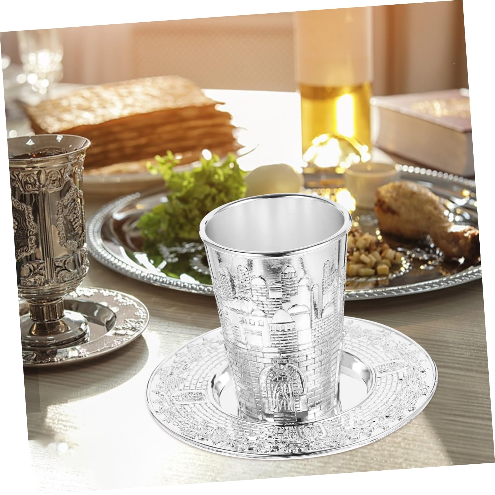 Didiseaon Set Calice Inciso per Celebrazione di Pesach e Shabbat in Lega di Zinco Argento con Design Elegante e Raffinato per Accessori Vino Regalo