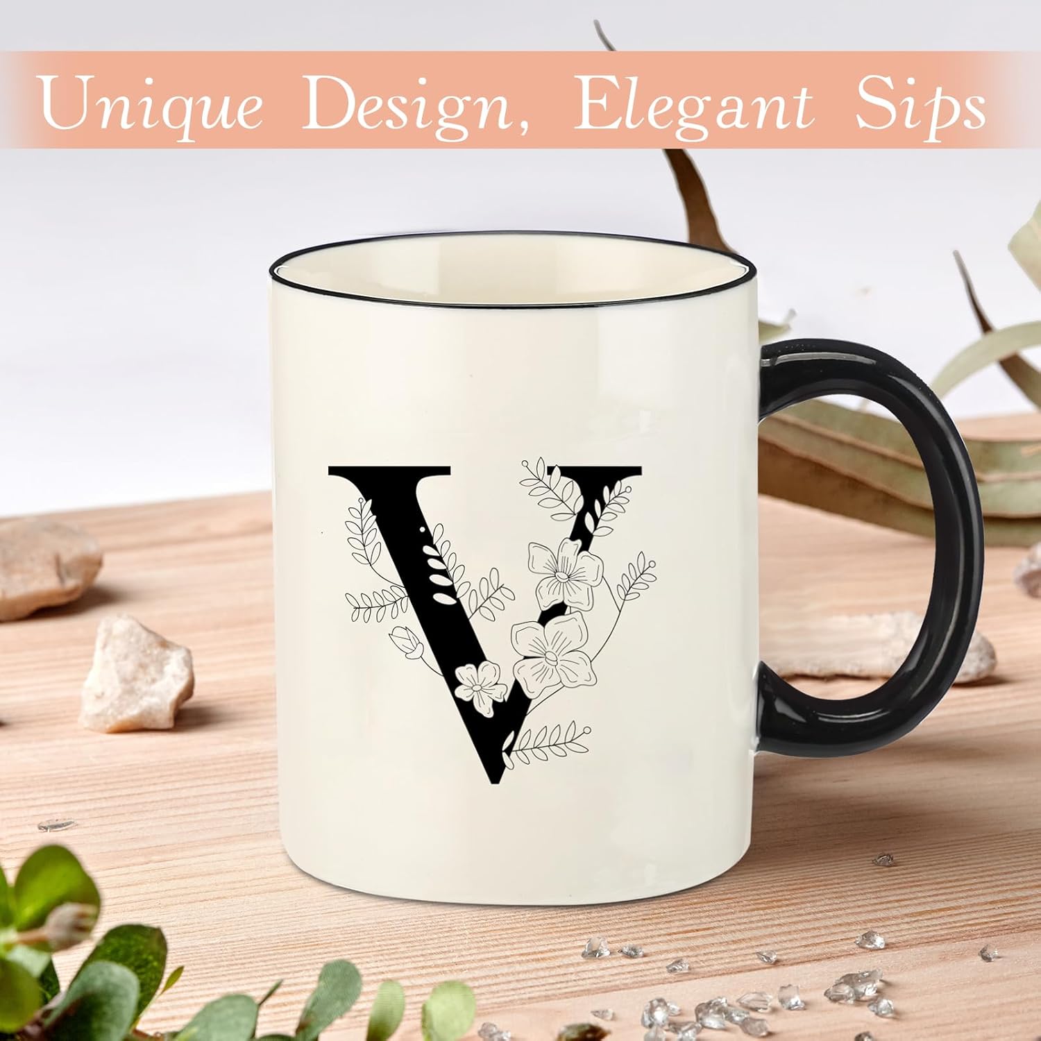 Monogram Ceramic Coffee Mugs, 11 oz Initial Drinking Cup with Gift Box, Unique Birthday Valentines Day Gifts for Women Wife Mothers Day Grandma Mom Aunt, V - Image 3