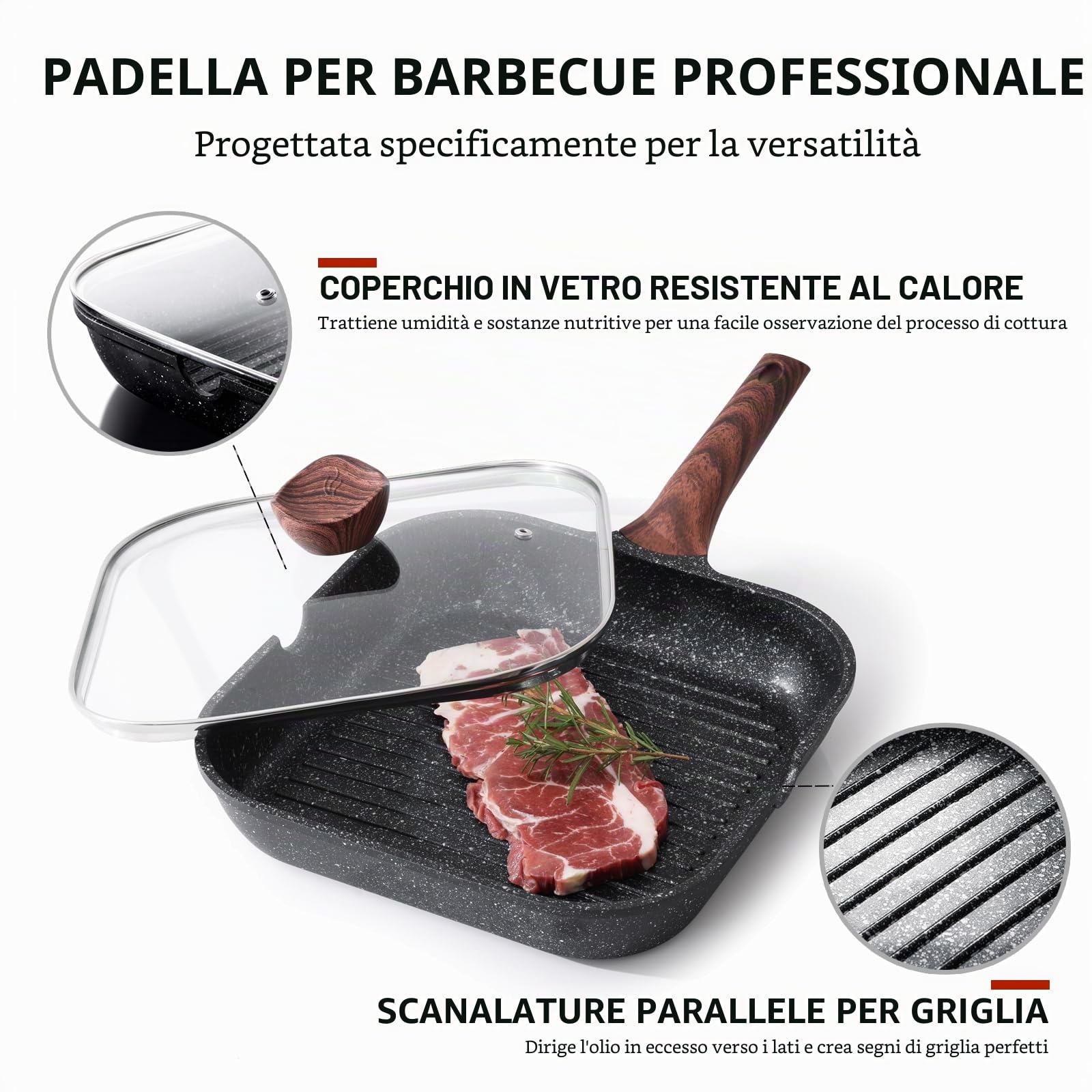 Kordisen Padella Bistecchiera Antiaderente con Coperchio 28 cm – Griglia Quadrata con Rivestimento in Granito, Doppio Beccuccio, Adatta all’Induzione, Senza PFOA