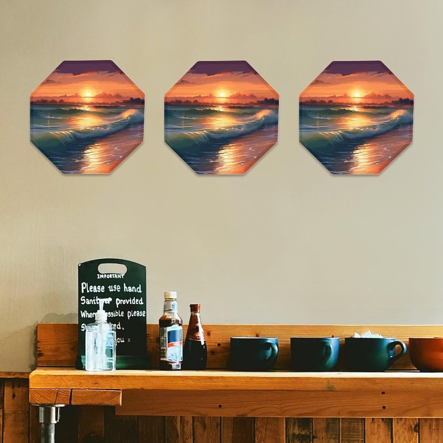 Ctagon Metal Sign for Home, Modern Display Plate for Kitchen, Sunset Seaside Plates Accent Hanging Wall Decorations 3PCS for Living Room, Bedroom, Hallway, Hotel