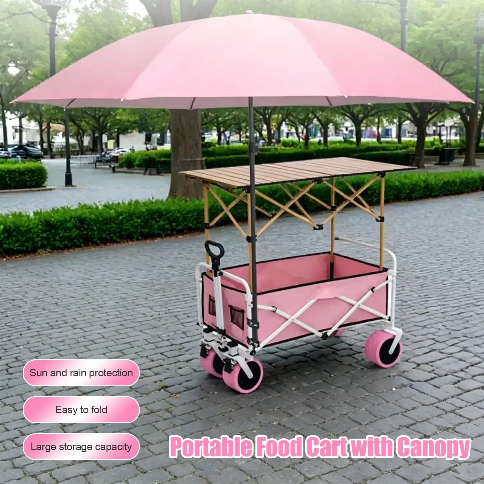 HARELA Genérico Puesto de Mercado con Toldo, Móvil de Venta Ambulante de Comida, Carrito de Comida callejera con Ruedas para Tiendas Mercados(Pink)