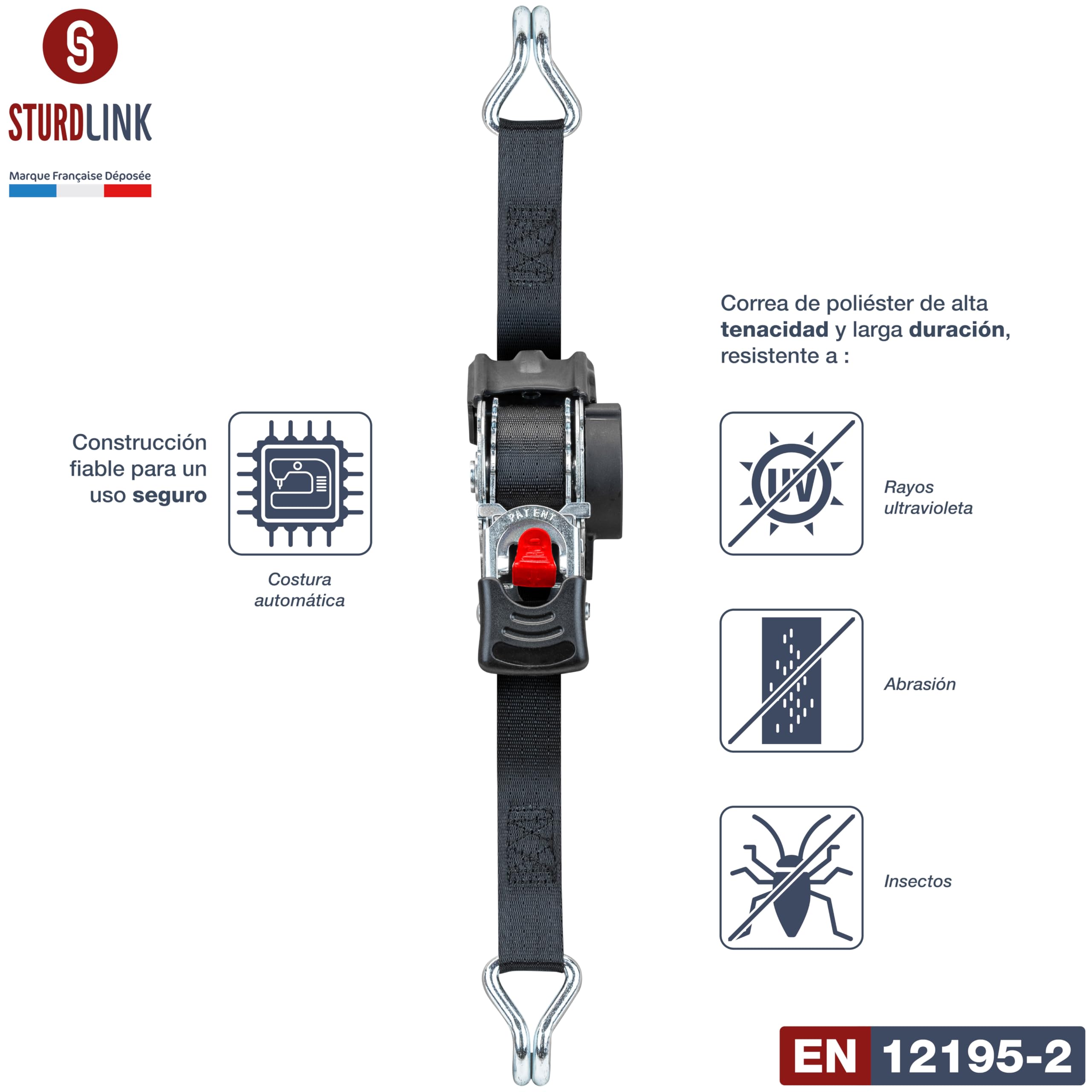 Cinchas de Amarre Carraca Autoenrollables 25mm 3m 300daN/600daN Ganchos Eslingas Trinquete Automatico x4 EN12195-2 Sturdlink®