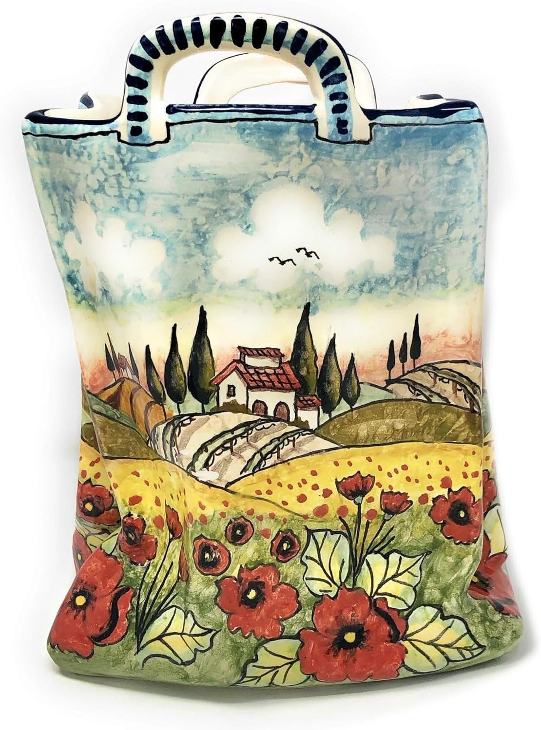 CERAMICHE D'ARTE PARRINI - Italian Ceramic Art Pottery Bag Planter Flowerpot Hand Painted Decorated Poppies Landscape Made in ITALY Tuscan