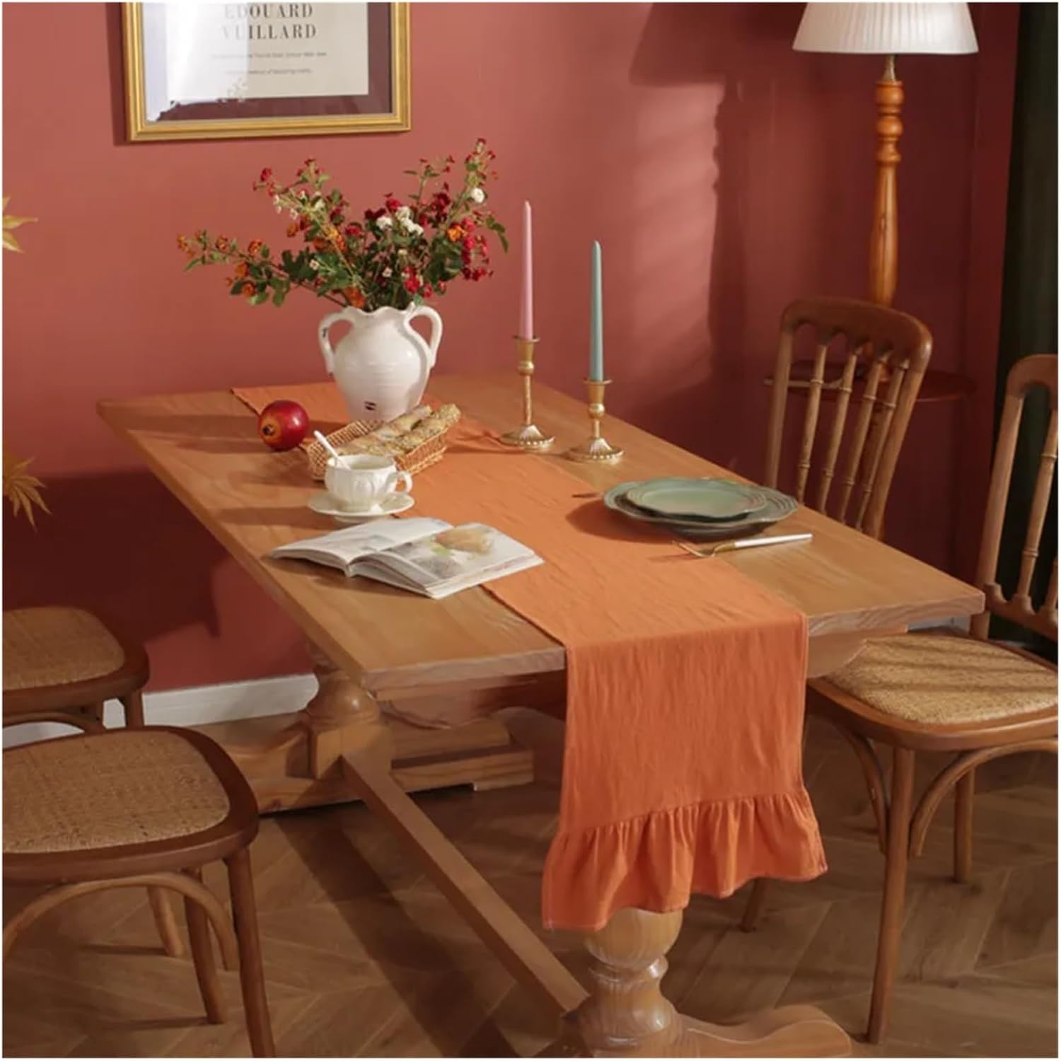 Table Runner Cotton Solid Color Table Runner Ruffled Folds Farmhouse Kitchen Party Wedding Coffee Dining Table Decoration Accessories(Orange,30x180cm)