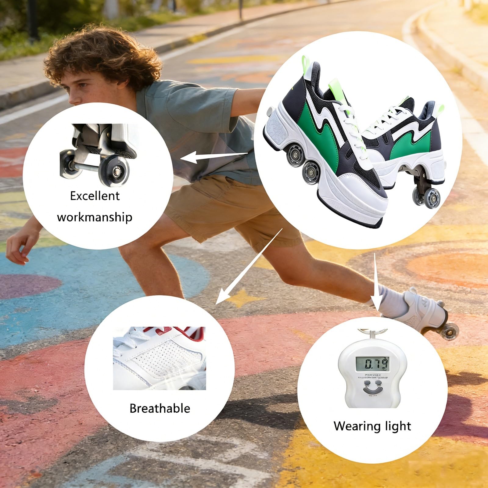 Patines de Doble Fila | Patines 2 en 1 - Zapatos Automáticos de Deformación Invisible | con Polea Extraíble para Patinaje y Parkour | Cuatro Ruedas Convertibles