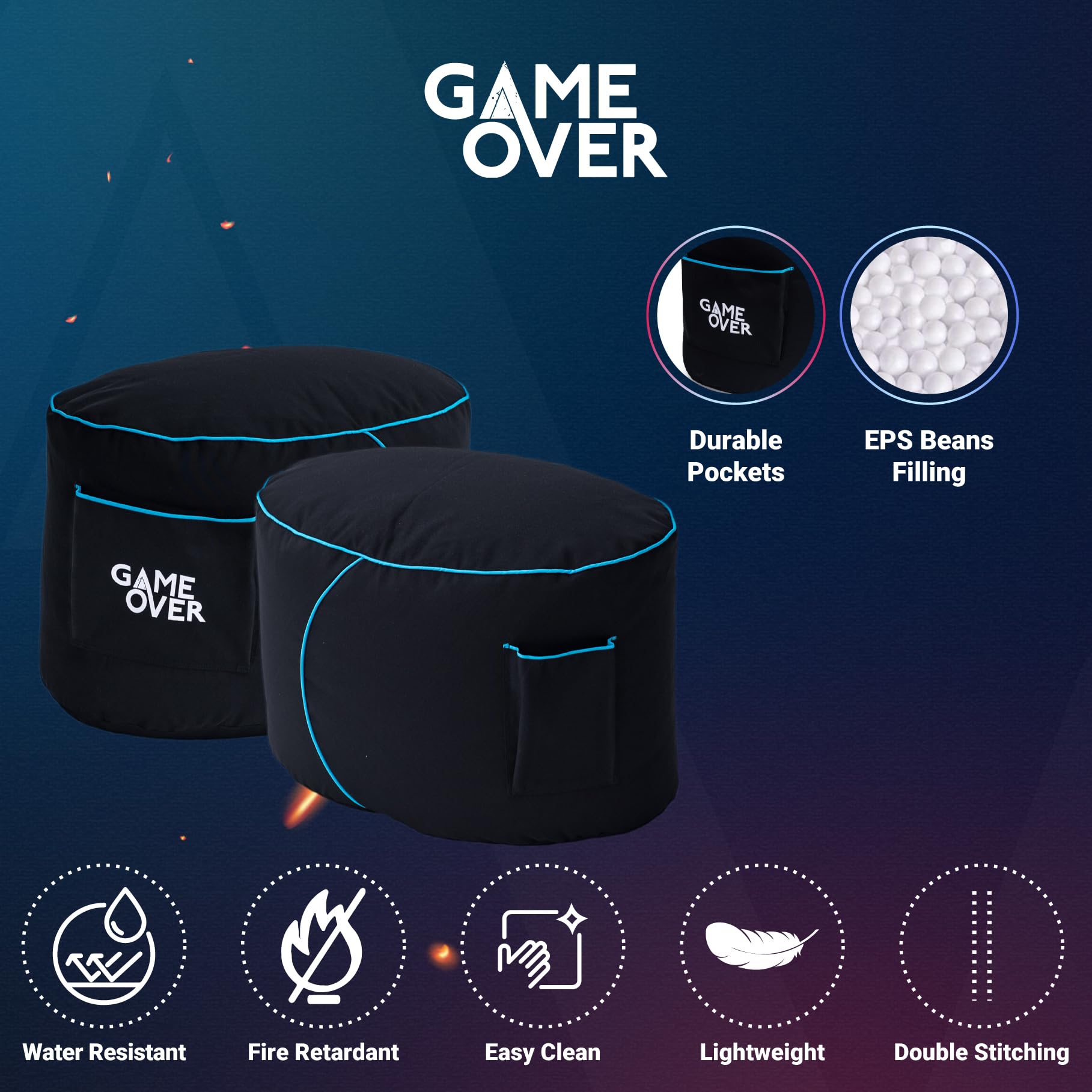 Game Over Reposapies Puff Pera De Video Juegos | Reposo De Pies Sala Interior | Bolsillos Laterales para Controles | Hecho En Reino Unido | Diseño Ergonómico (Lich Blade)