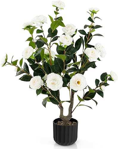 Goplus Árbol de camelia artificial de 38 pulgadas, plantas de flores, árbol artificial de flores artificiales en maceta de cemento, planta verde en
